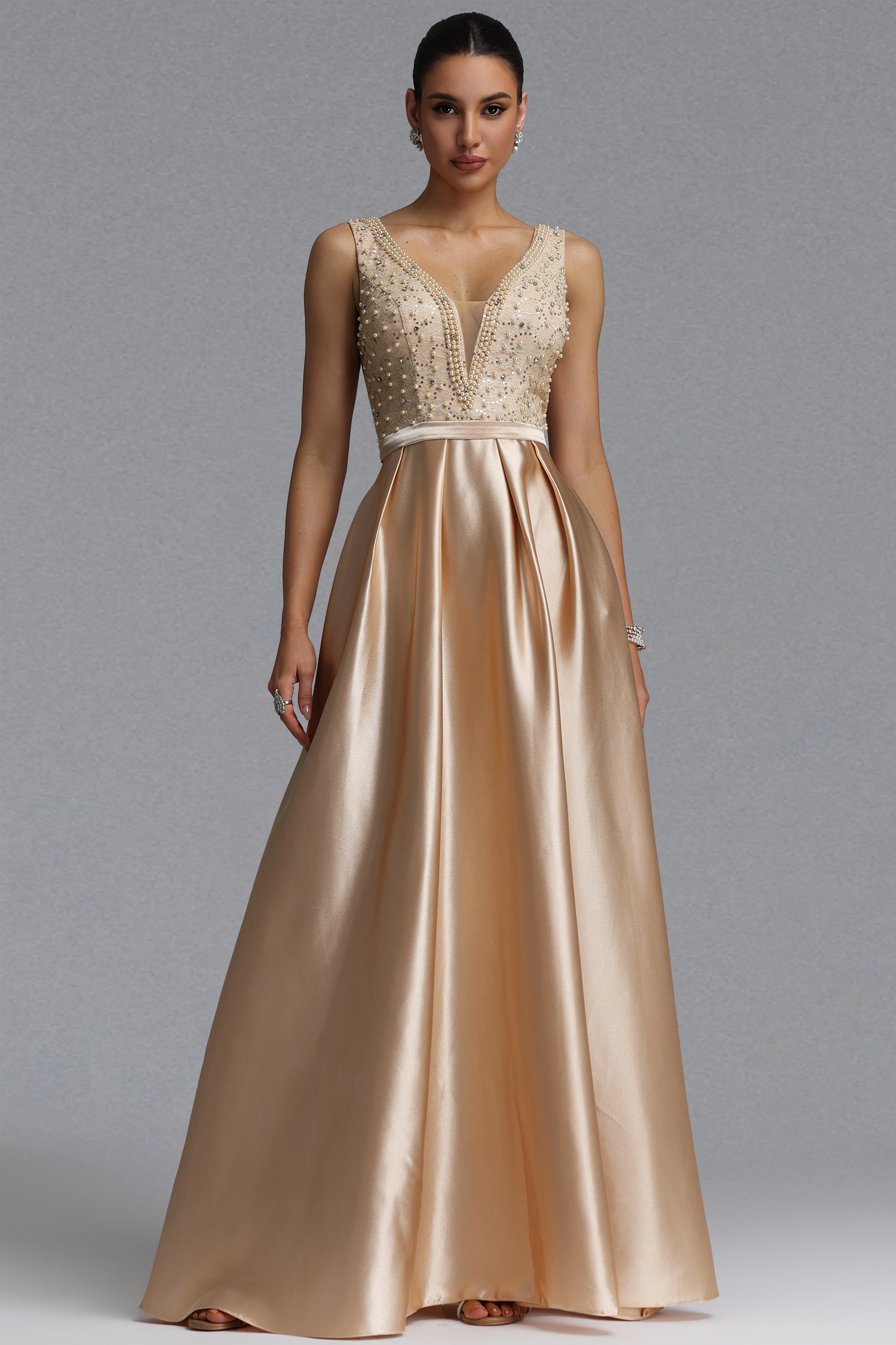 Lape Elegant Waist-Cinching Sleeveless Deep V Neck Rhinestone Beaded Satin A-Line Maxi Evening Dress