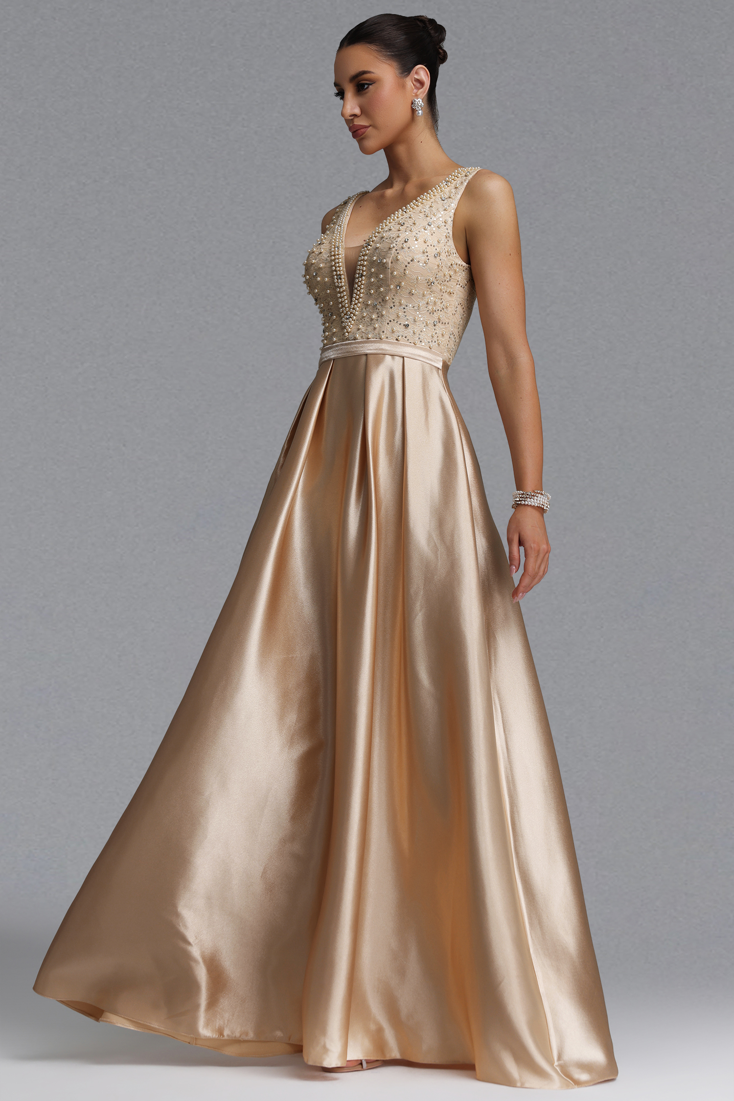 Lape Elegant Waist-Cinching Sleeveless Deep V Neck Rhinestone Beaded Satin A-Line Maxi Evening Dress
