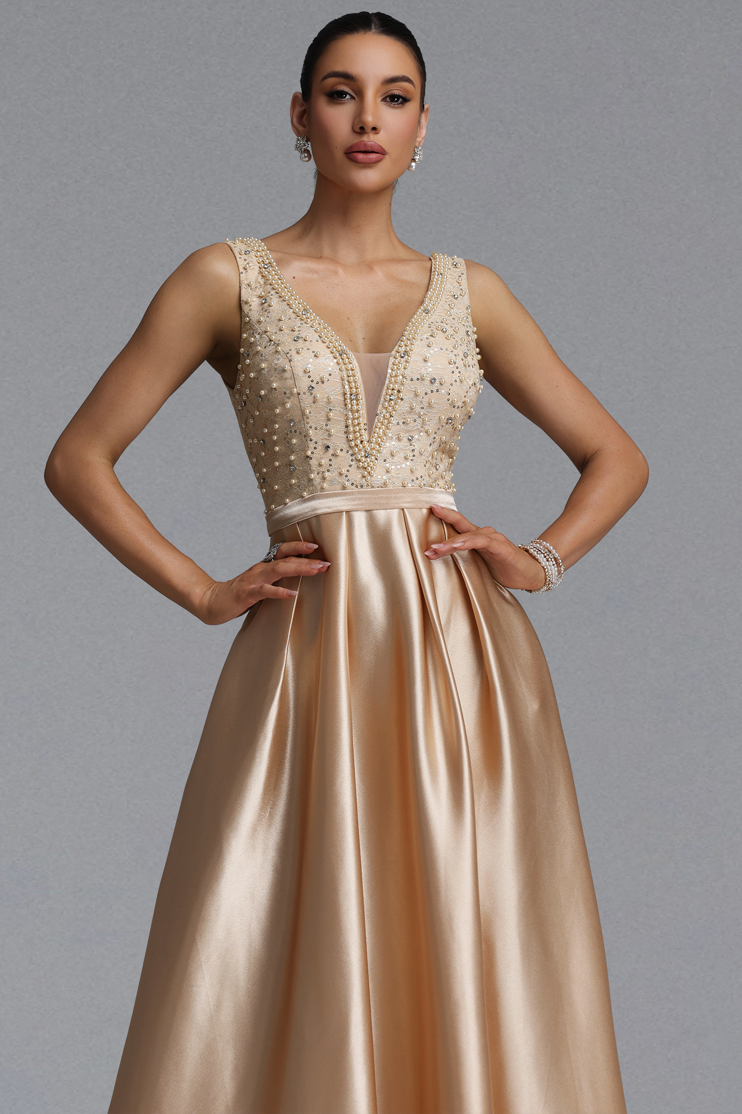 Lape Elegant Waist-Cinching Sleeveless Deep V Neck Rhinestone Beaded Satin A-Line Maxi Evening Dress