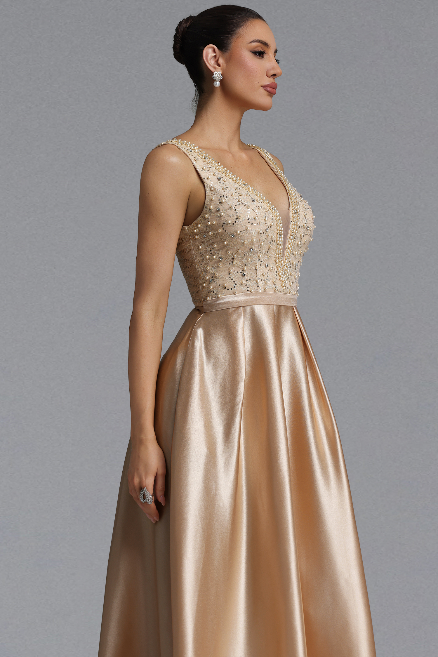 Lape Elegant Waist-Cinching Sleeveless Deep V Neck Rhinestone Beaded Satin A-Line Maxi Evening Dress