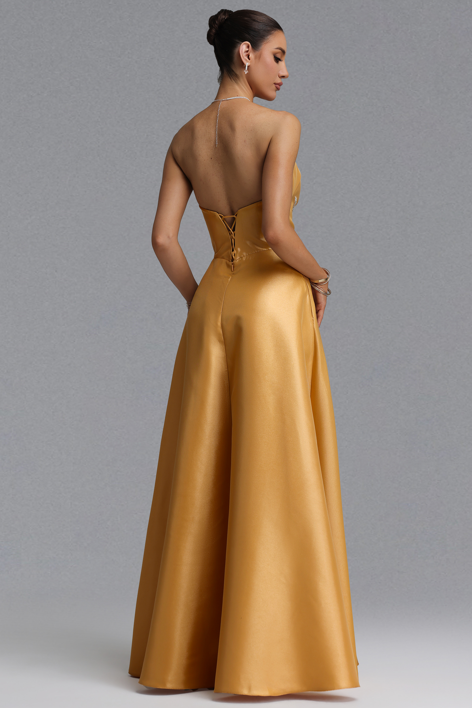 Kaliana Elegant Waist-Cinching Strapless Beaded Embroidery Satin High Slit Full A-Line Maxi Evening Dress