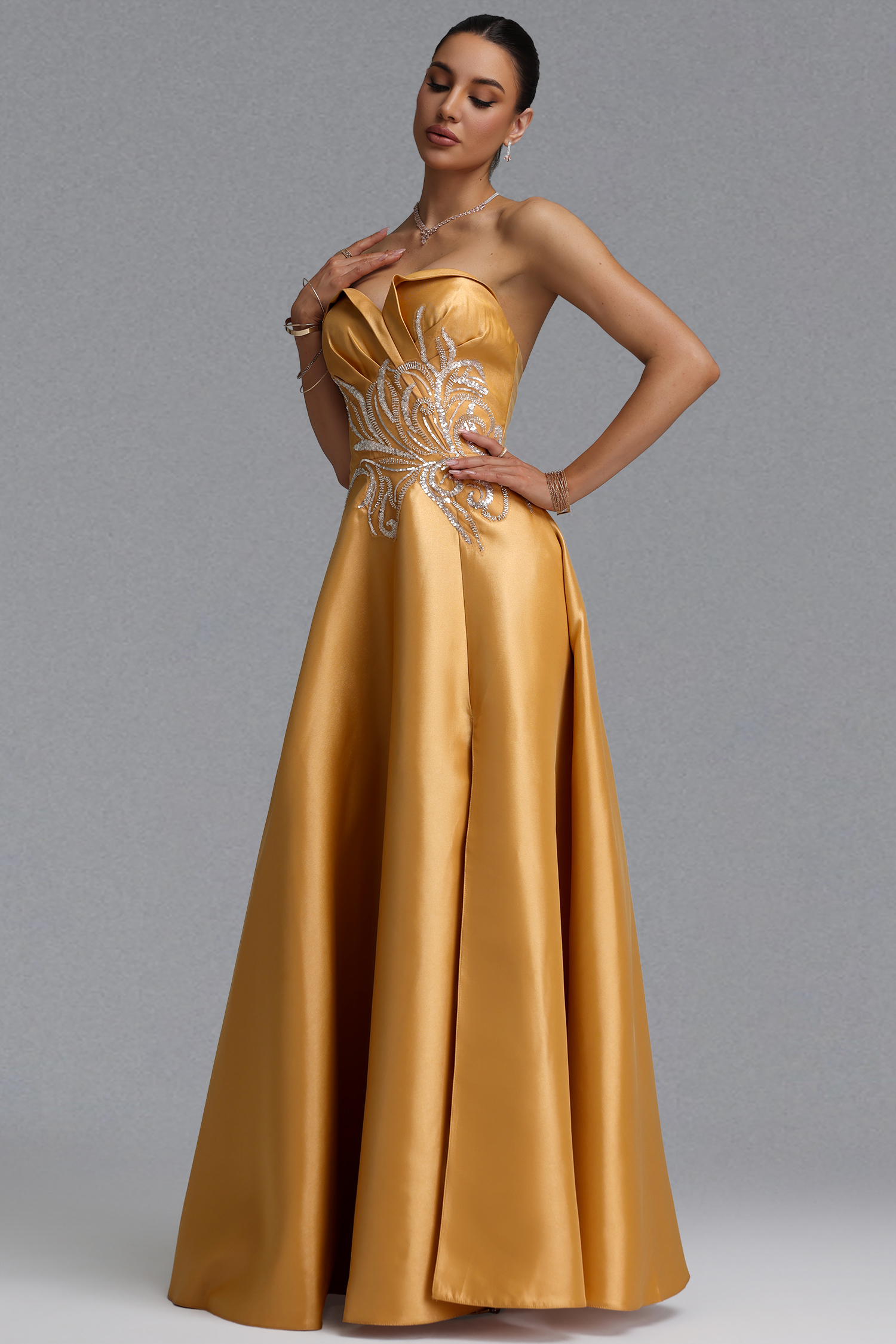Kaliana Elegant Waist-Cinching Strapless Beaded Embroidery Satin High Slit Full A-Line Maxi Evening Dress
