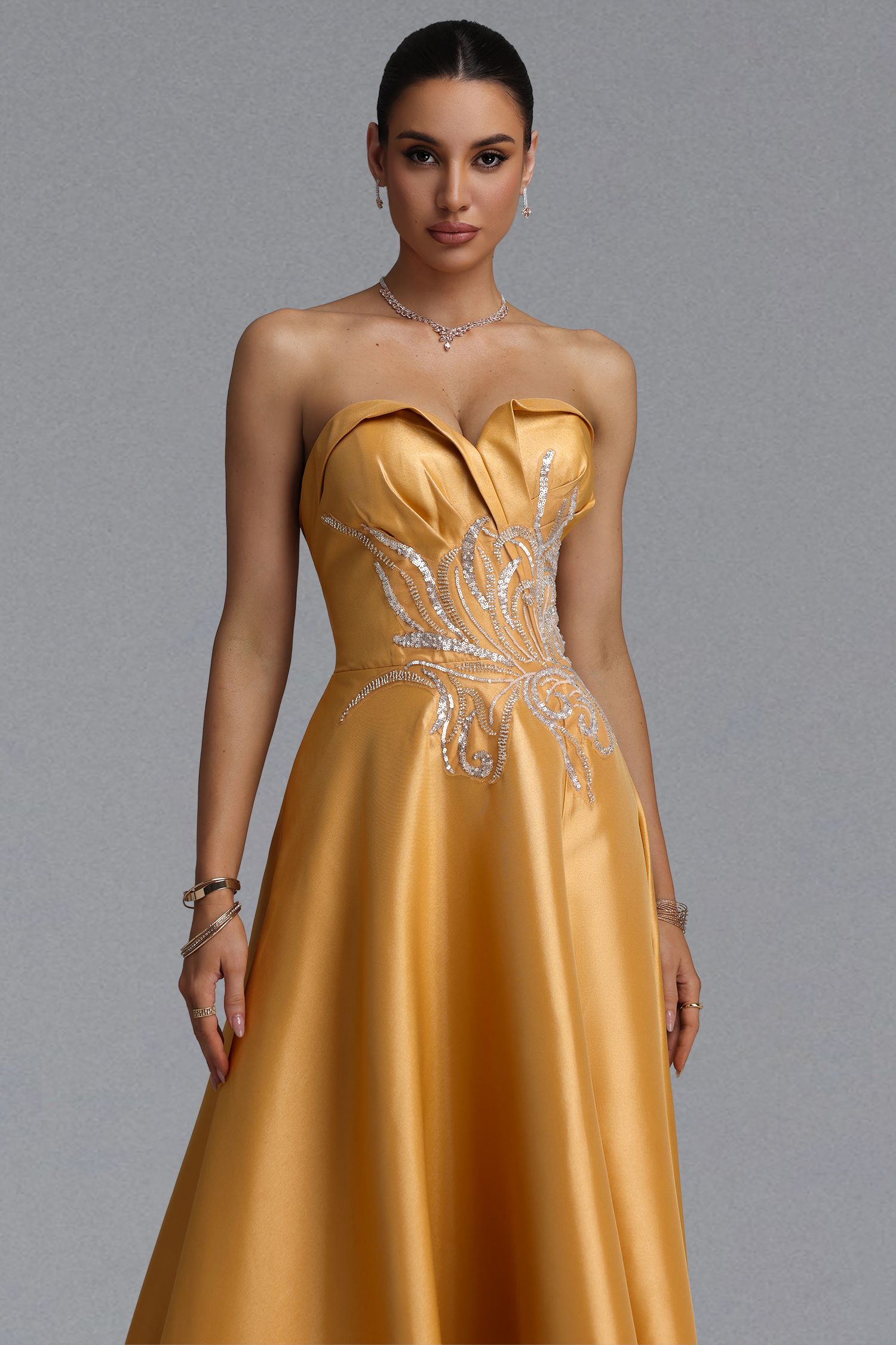 Kaliana Elegant Waist-Cinching Strapless Beaded Embroidery Satin High Slit Full A-Line Maxi Evening Dress