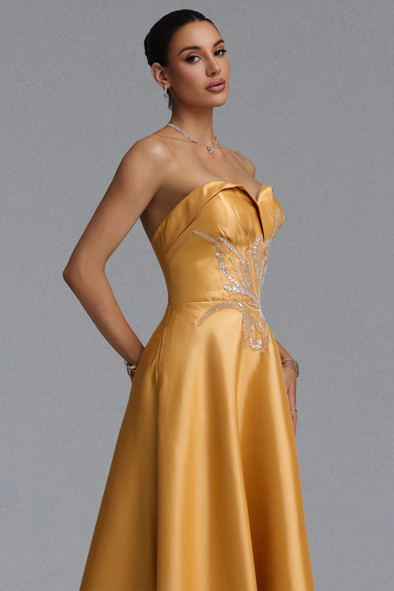 Kaliana Elegant Waist-Cinching Strapless Beaded Embroidery Satin High Slit Full A-Line Maxi Evening Dress