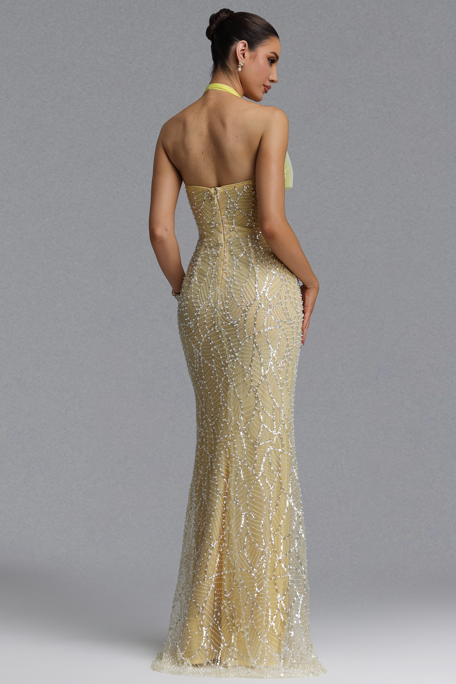 Sagoni Elegant Waist-Cinching Halter Mesh Big Bow Leaf Pattern Beaded Sheer Mesh Mermaid Maxi Evening Dress