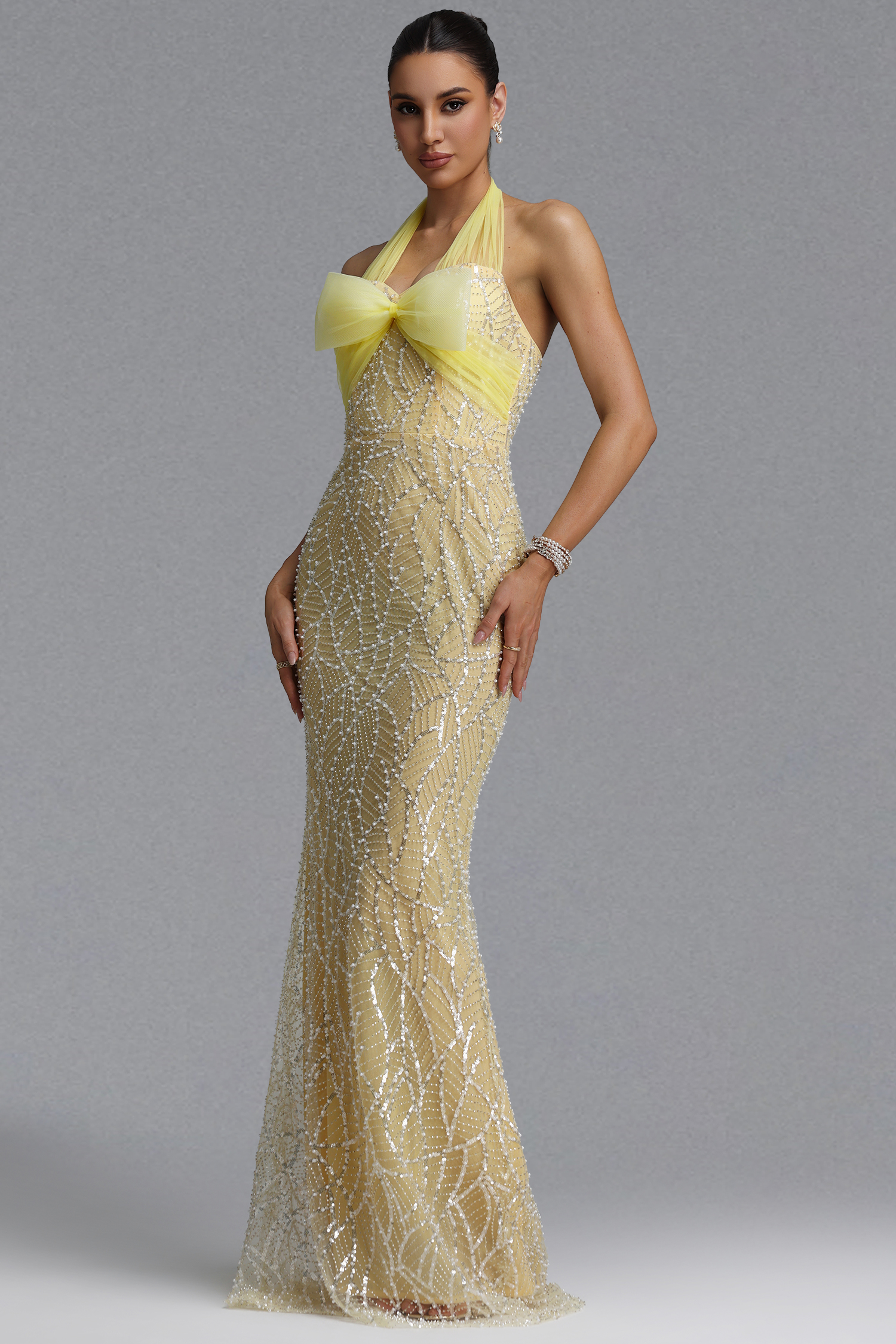 Sagoni Elegant Waist-Cinching Halter Mesh Big Bow Leaf Pattern Beaded Sheer Mesh Mermaid Maxi Evening Dress
