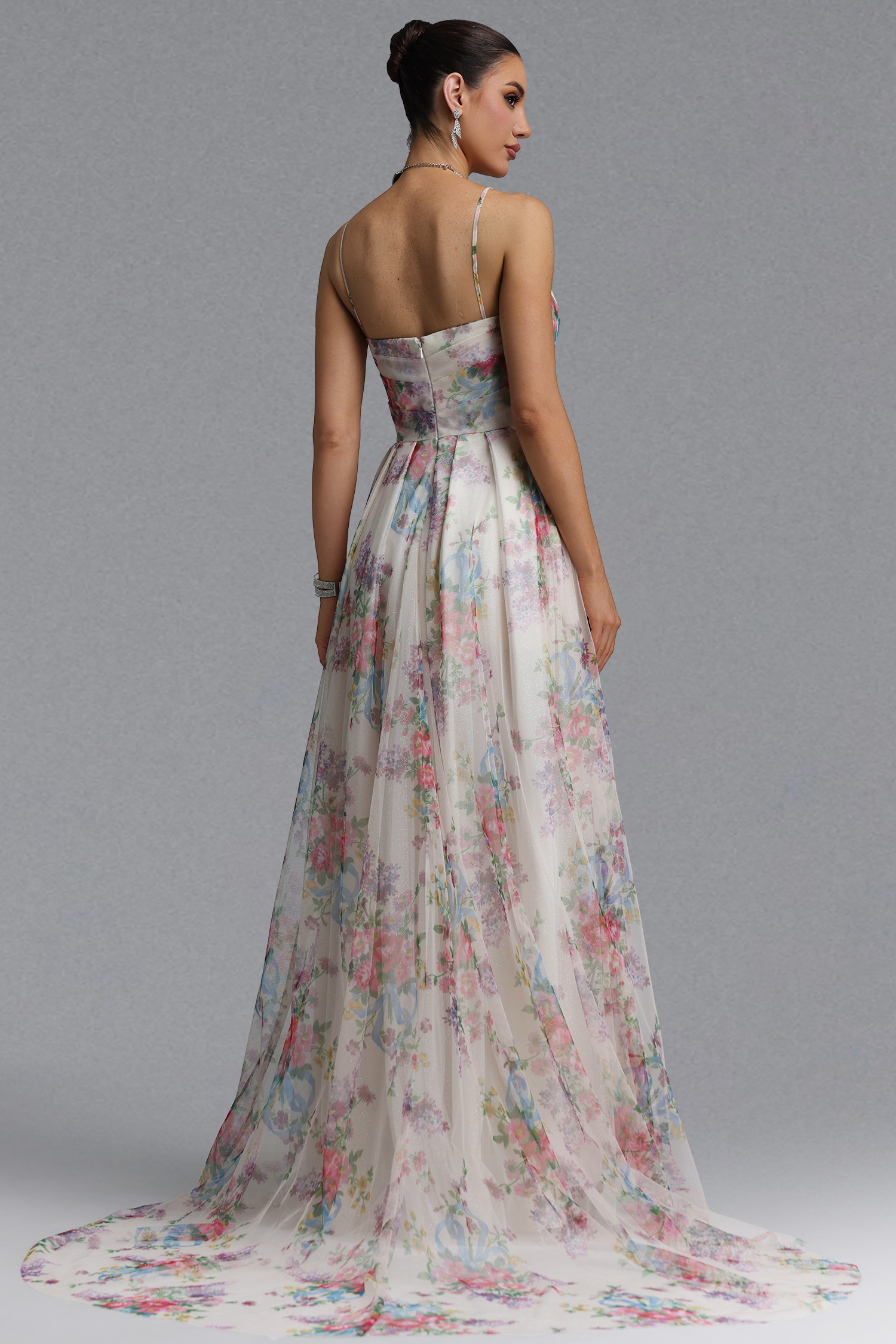 Romantic Tailored Deep V Pleated Printed Maxi Evening Dress