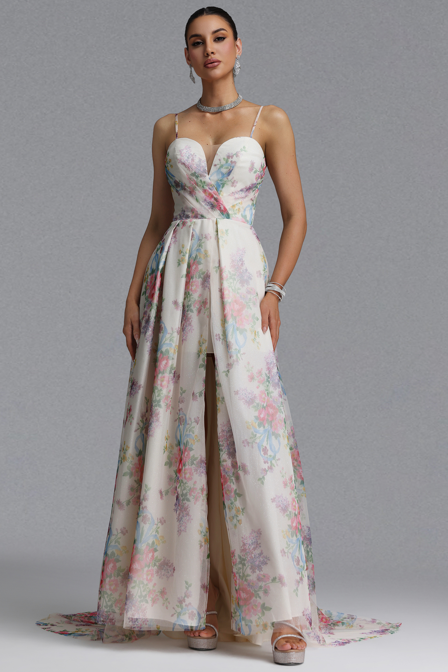 Romantic Tailored Deep V Pleated Printed Maxi Evening Dress