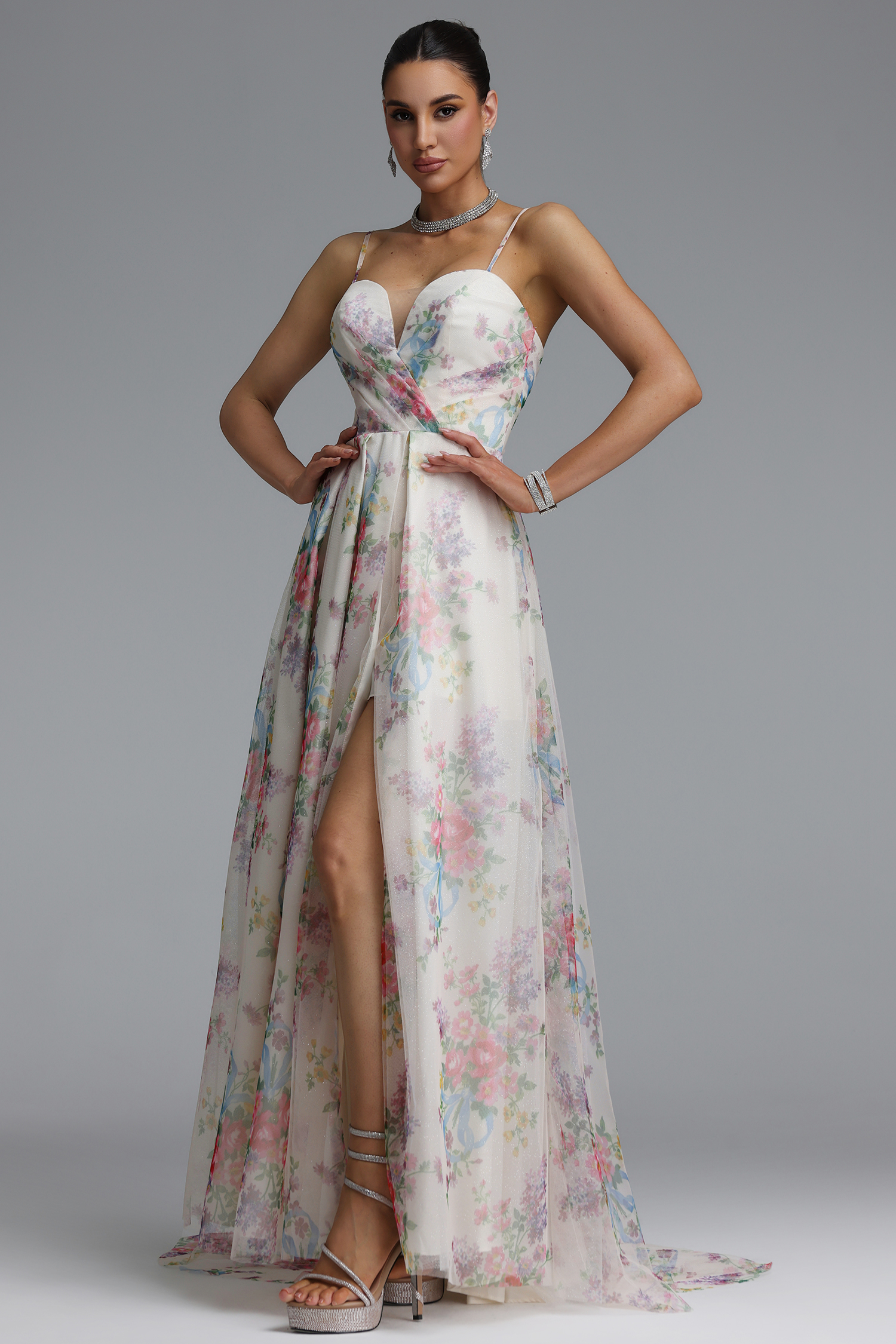 Romantic Tailored Deep V Pleated Printed Maxi Evening Dress