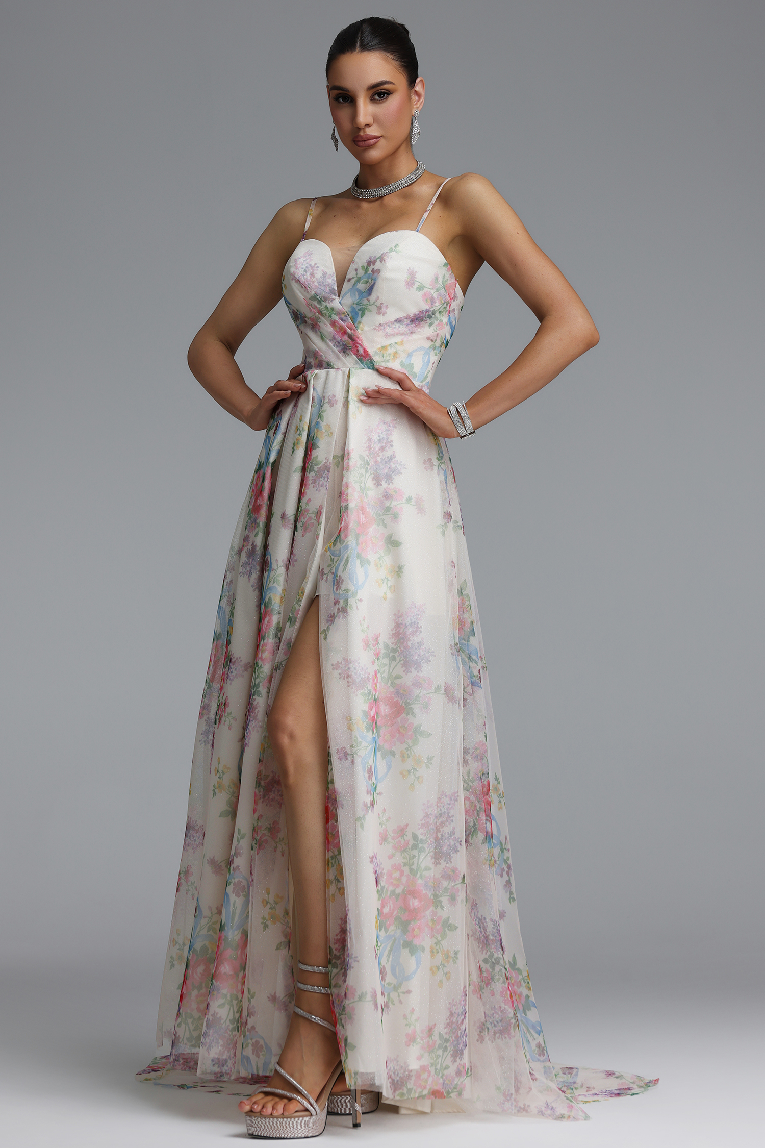 Romantic Tailored Deep V Pleated Printed Maxi Evening Dress