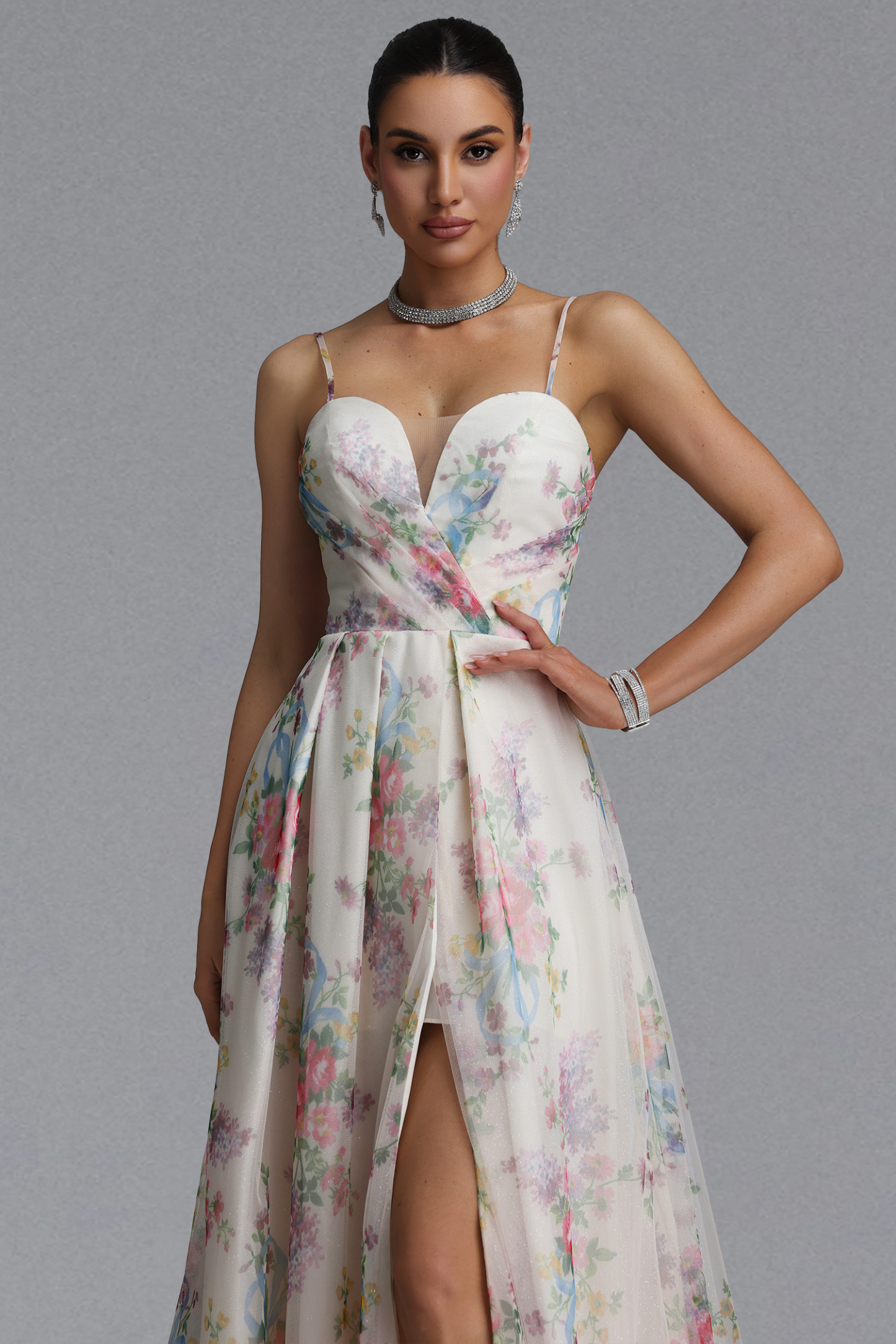 Romantic Tailored Deep V Pleated Printed Maxi Evening Dress