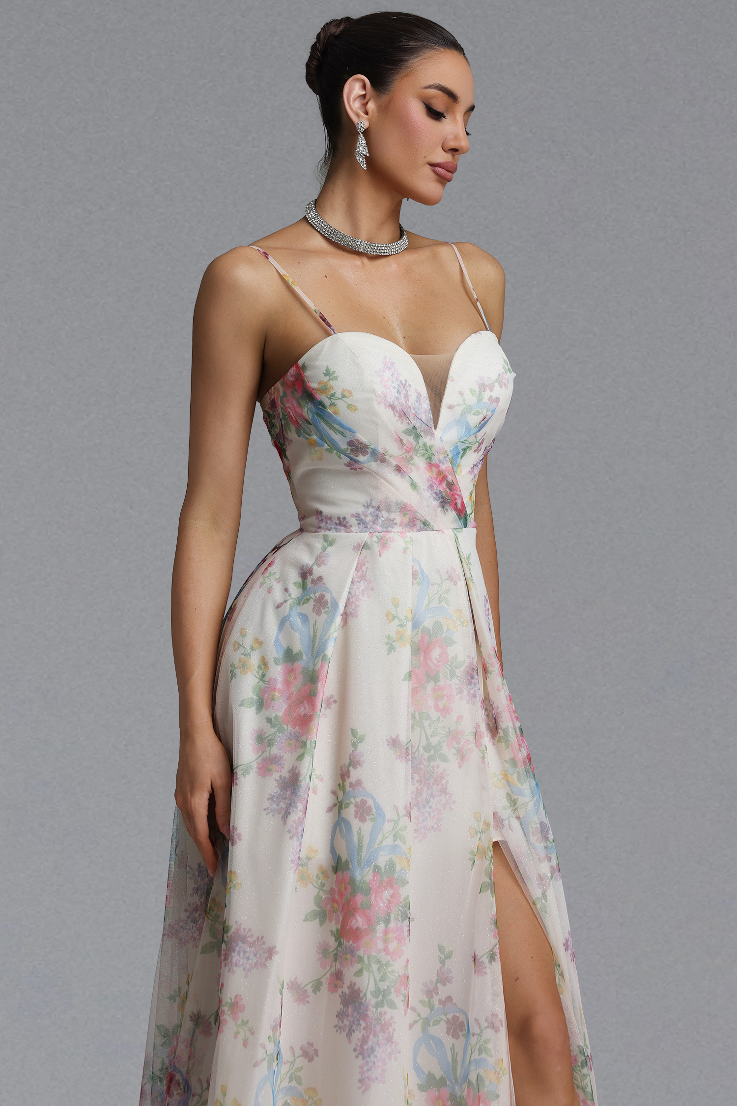 Romantic Tailored Deep V Pleated Printed Maxi Evening Dress