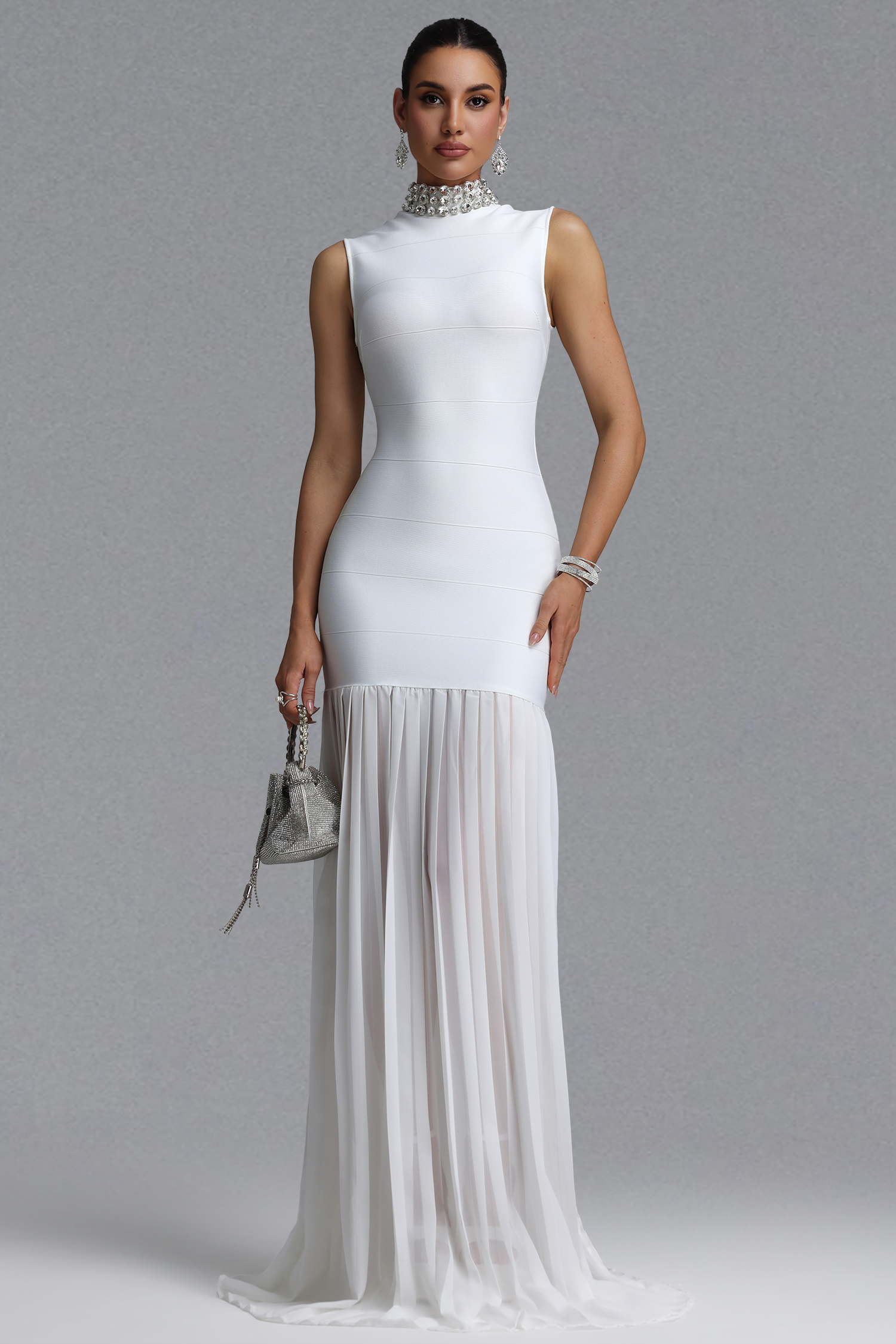Tada Light Luxury Slim Thin Strap V-Neck Twill Sequin High Slit Mermaid Maxi Evening Dress