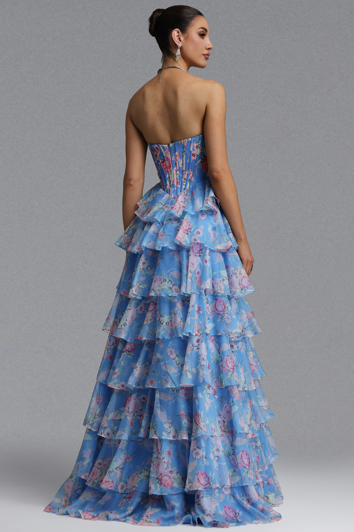 Kiera Elegant Waist-Cinching Strapless Boned Floral Print Chiffon Multi-Layer Ruffle High Slit Maxi Evening Dress