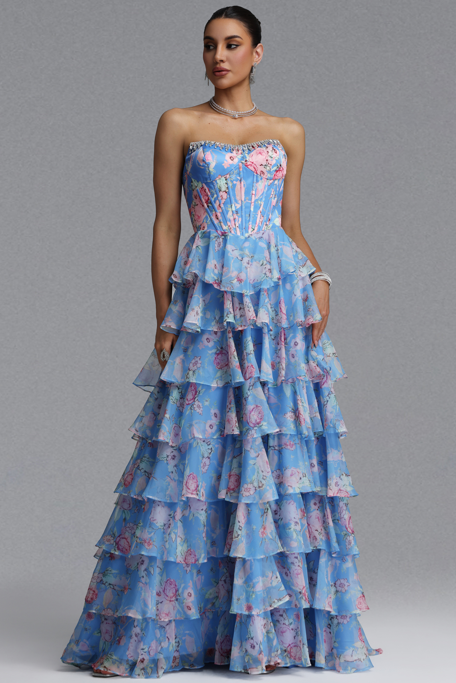 Kiera Elegant Waist-Cinching Strapless Boned Floral Print Chiffon Multi-Layer Ruffle High Slit Maxi Evening Dress