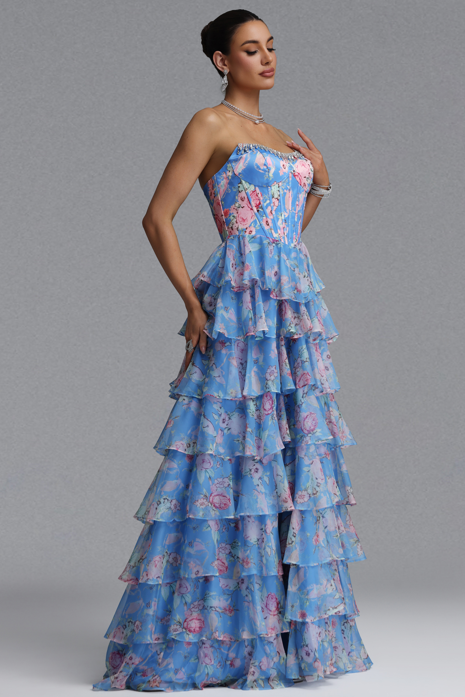 Kiera Elegant Waist-Cinching Strapless Boned Floral Print Chiffon Multi-Layer Ruffle High Slit Maxi Evening Dress