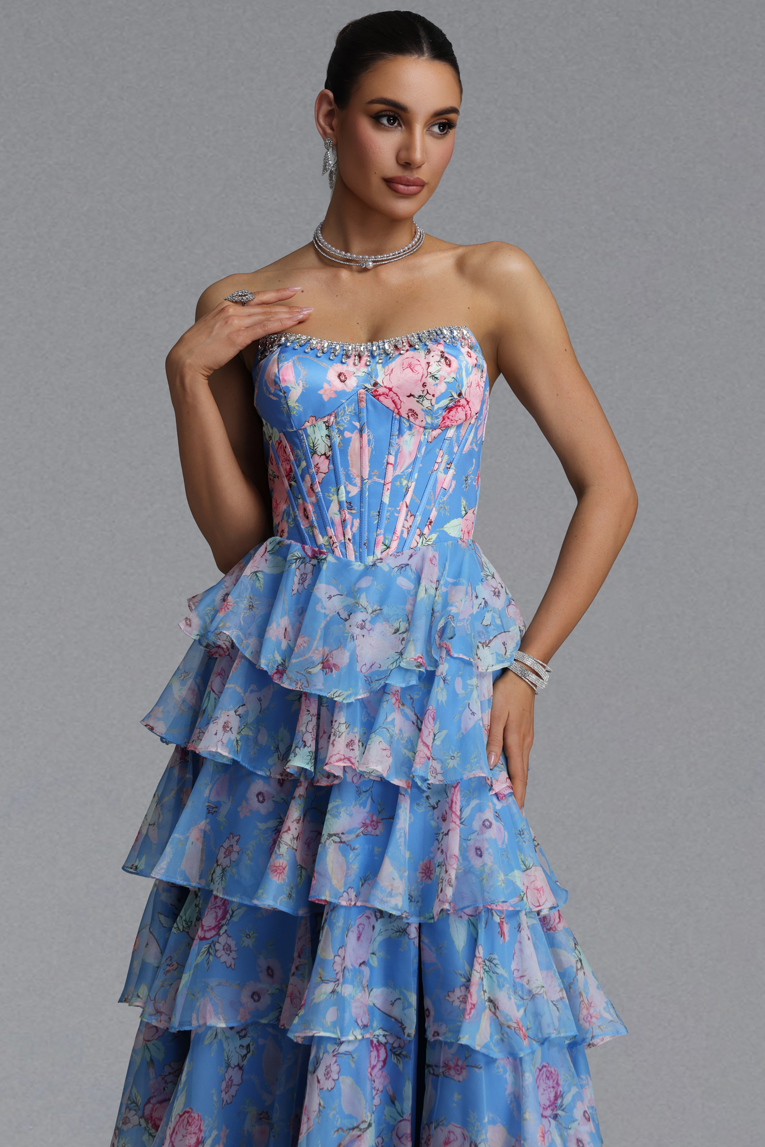 Kiera Elegant Waist-Cinching Strapless Boned Floral Print Chiffon Multi-Layer Ruffle High Slit Maxi Evening Dress