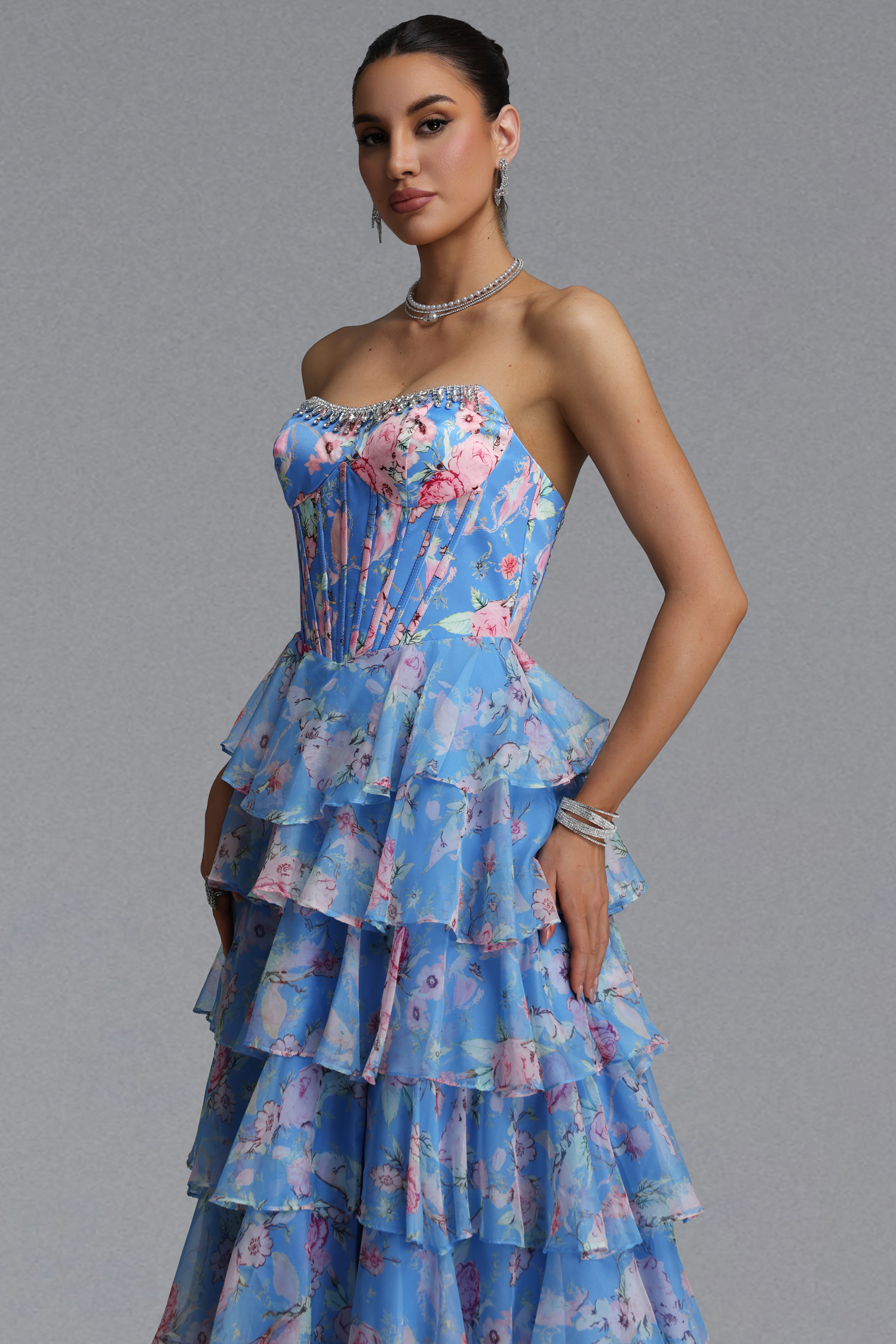 Kiera Elegant Waist-Cinching Strapless Boned Floral Print Chiffon Multi-Layer Ruffle High Slit Maxi Evening Dress