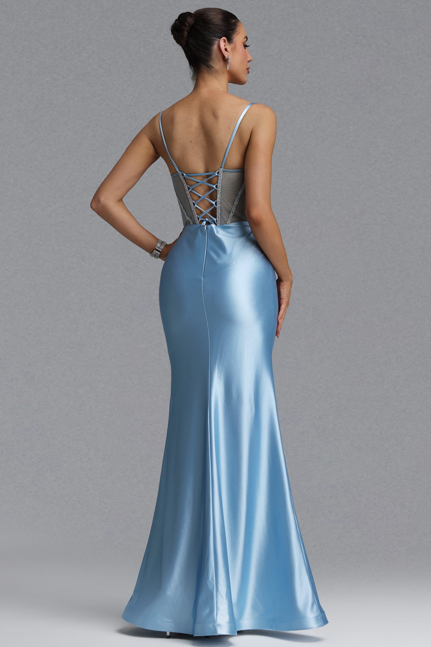 Iresa Elegant Tailored Rhinestone Pleated Satin Maxi Evening Dress