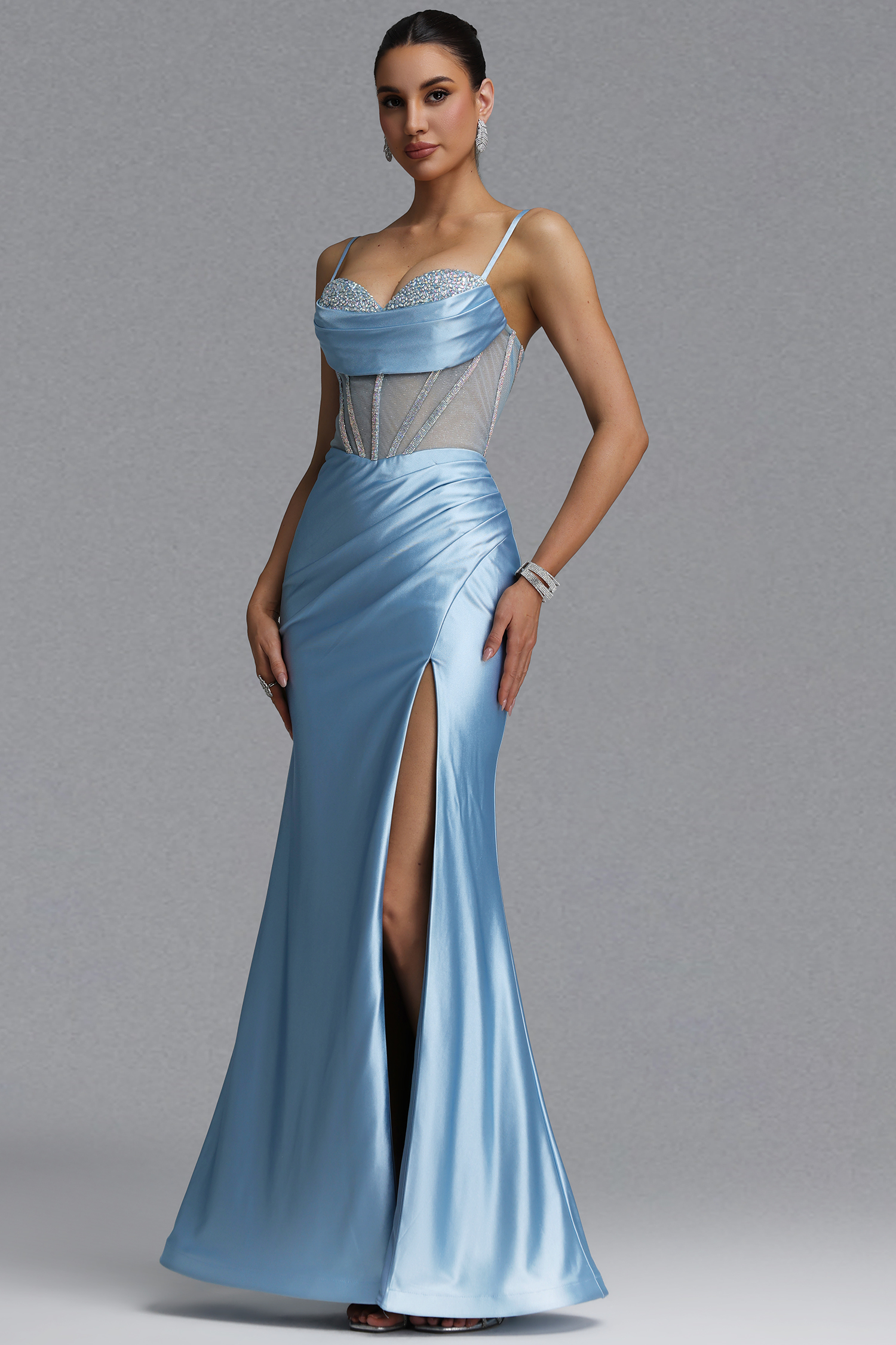 Iresa Elegant Tailored Rhinestone Pleated Satin Maxi Evening Dress