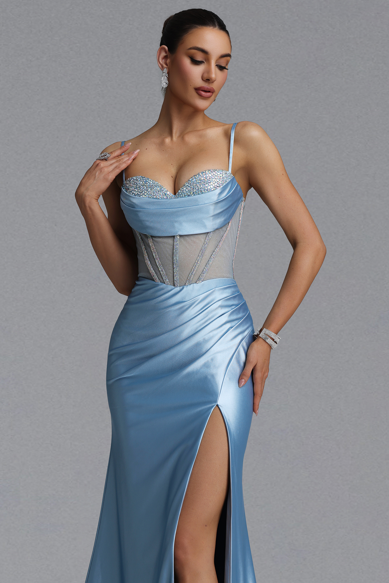 Iresa Elegant Tailored Rhinestone Pleated Satin Maxi Evening Dress