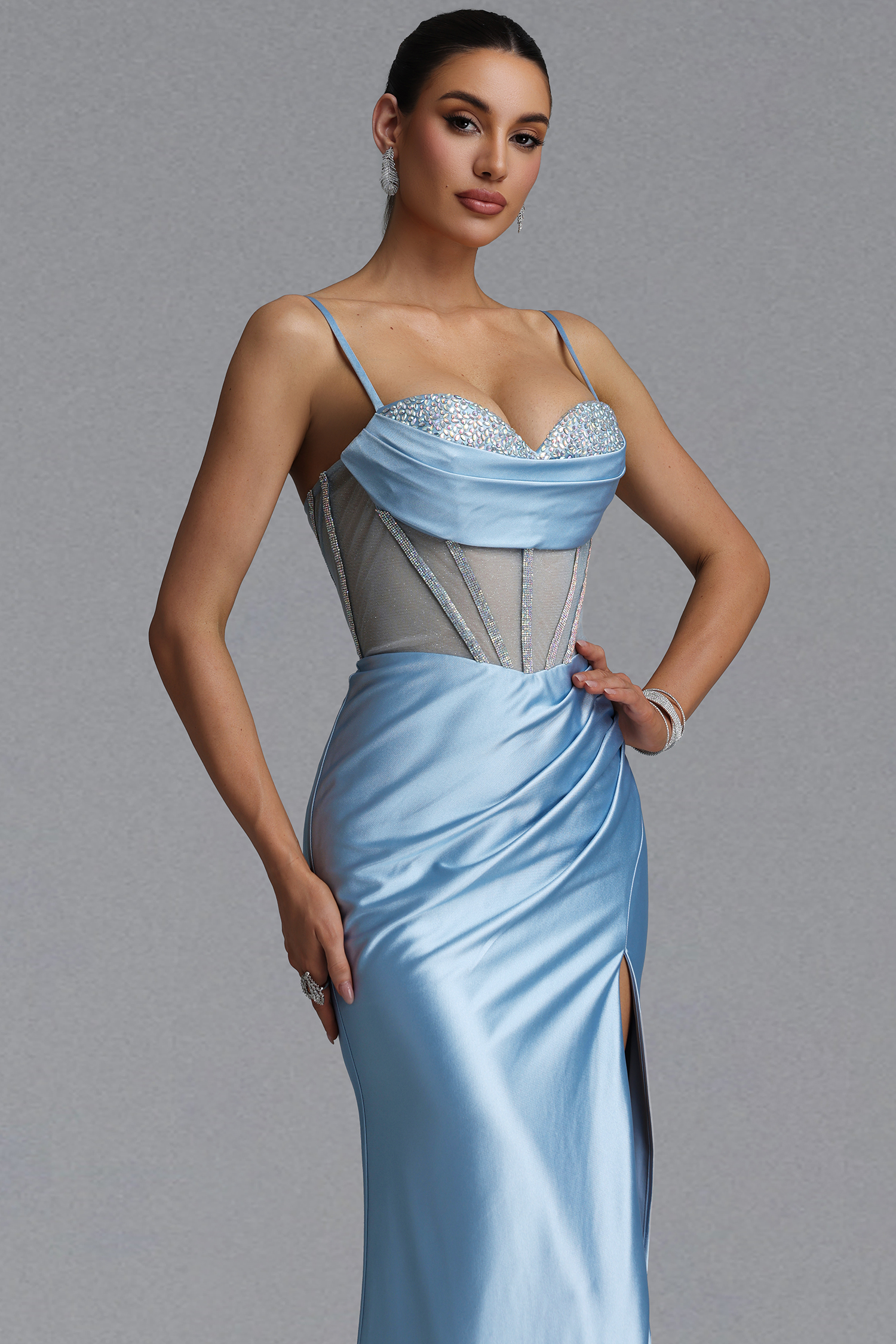 Iresa Elegant Tailored Rhinestone Pleated Satin Maxi Evening Dress