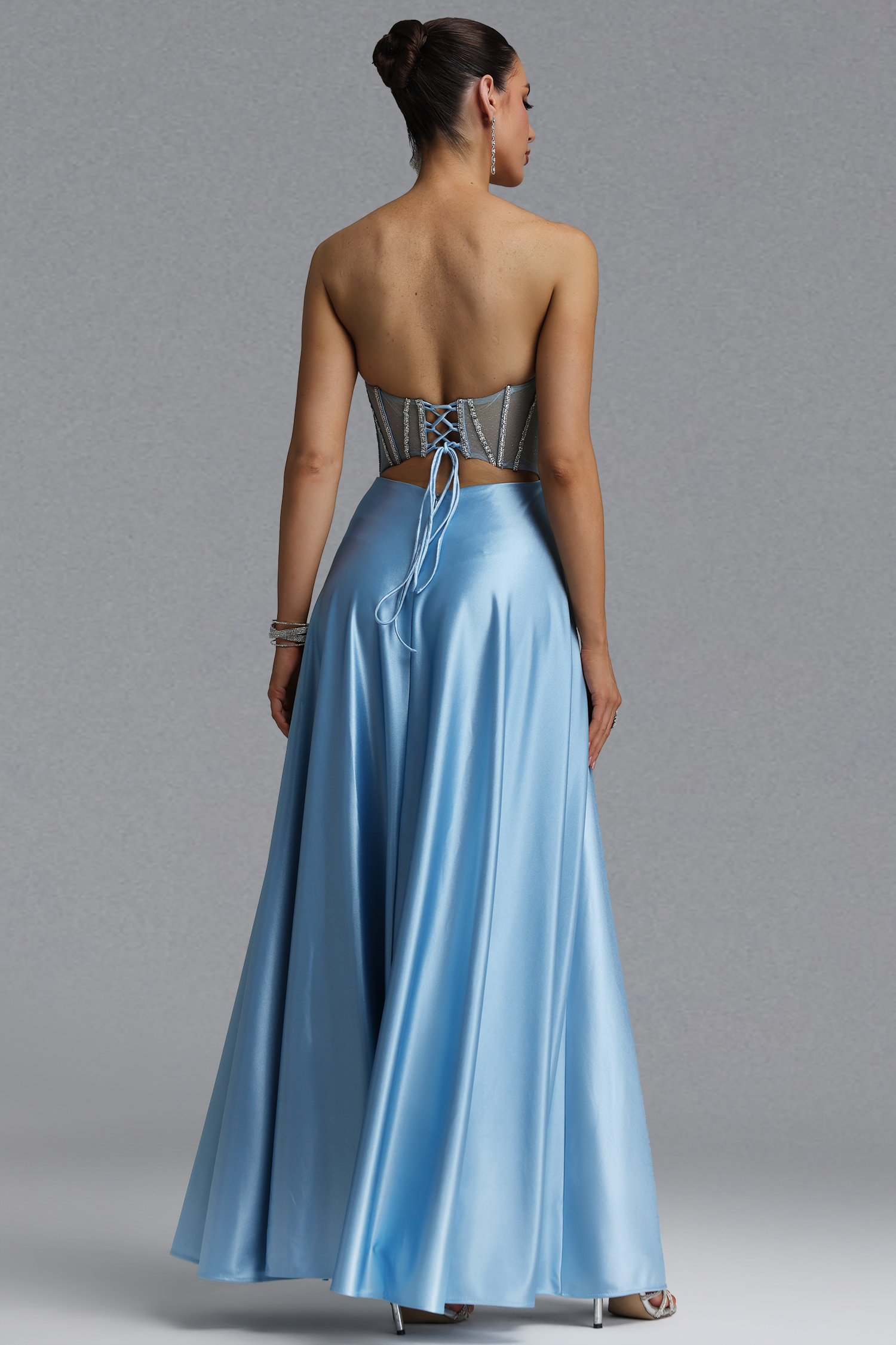 Rilia Elegant Waist-Cinching Strapless Sheer Mesh Boned Rhinestone Satin Full Skirt Maxi Evening Dress