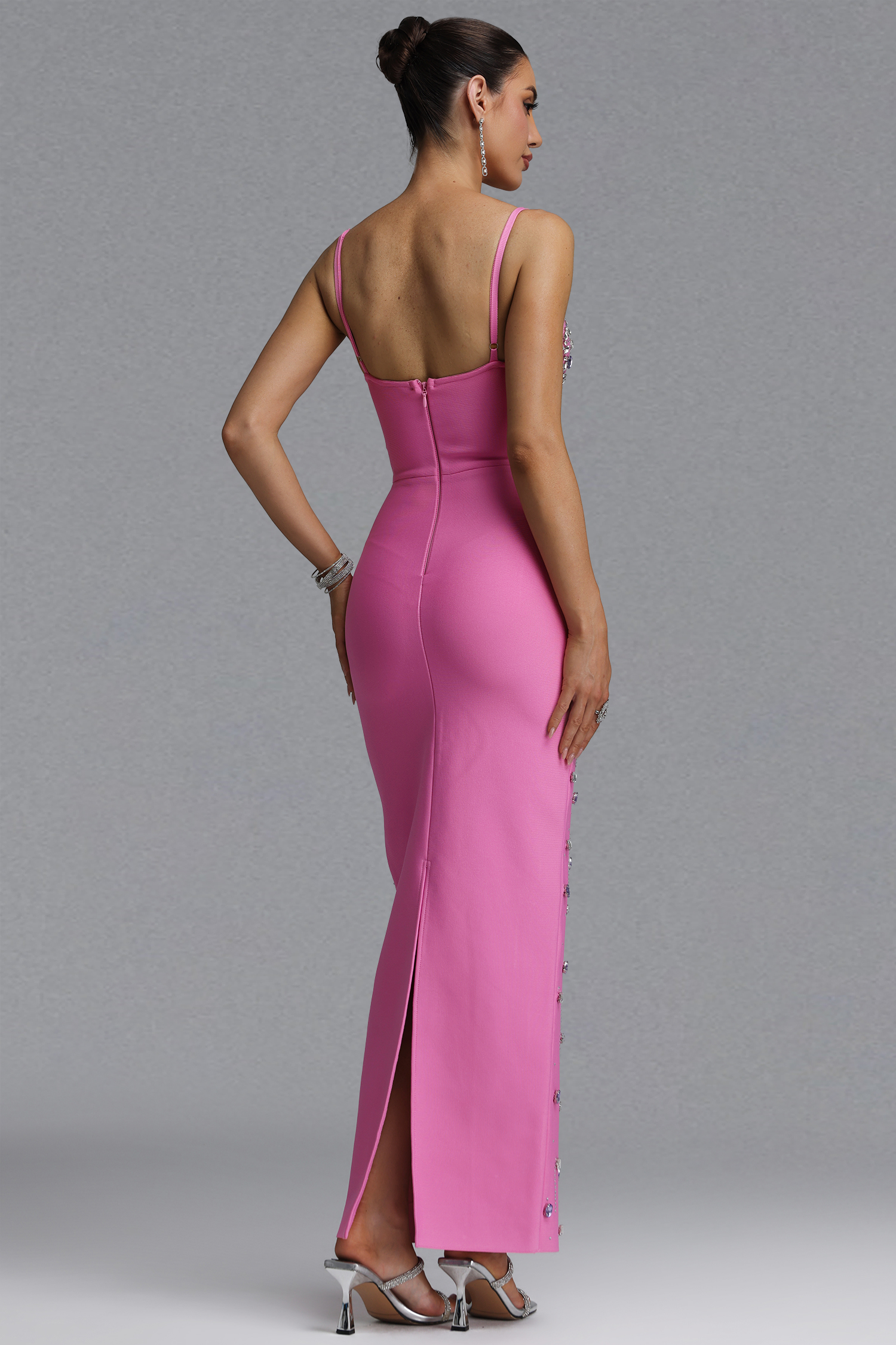 Solvia Gorgeous Shaping Rhinestone Decor Pink Bandage Maxi Evening Dress