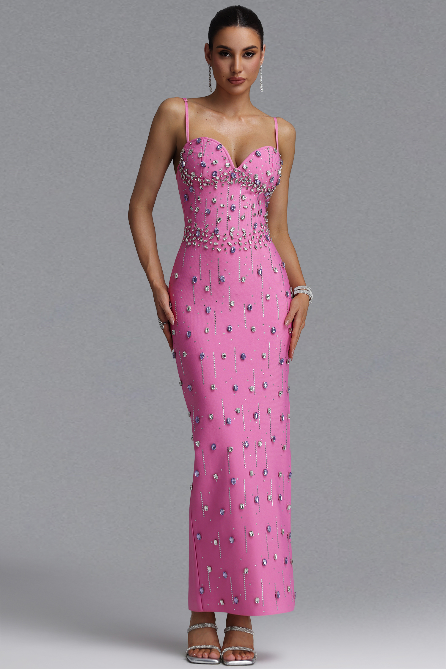 Solvia Gorgeous Shaping Rhinestone Decor Pink Bandage Maxi Evening Dress