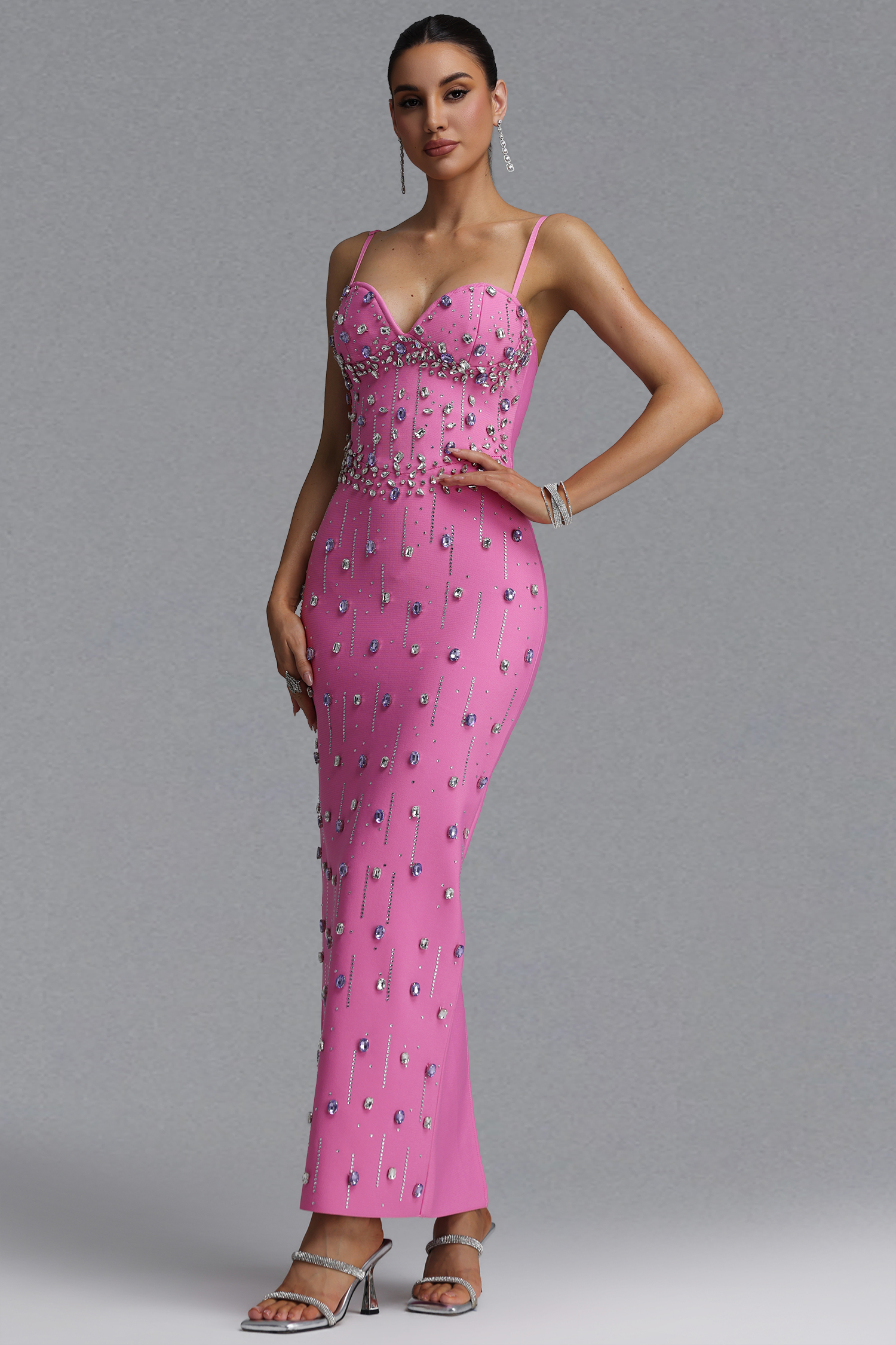 Solvia Gorgeous Shaping Rhinestone Decor Pink Bandage Maxi Evening Dress