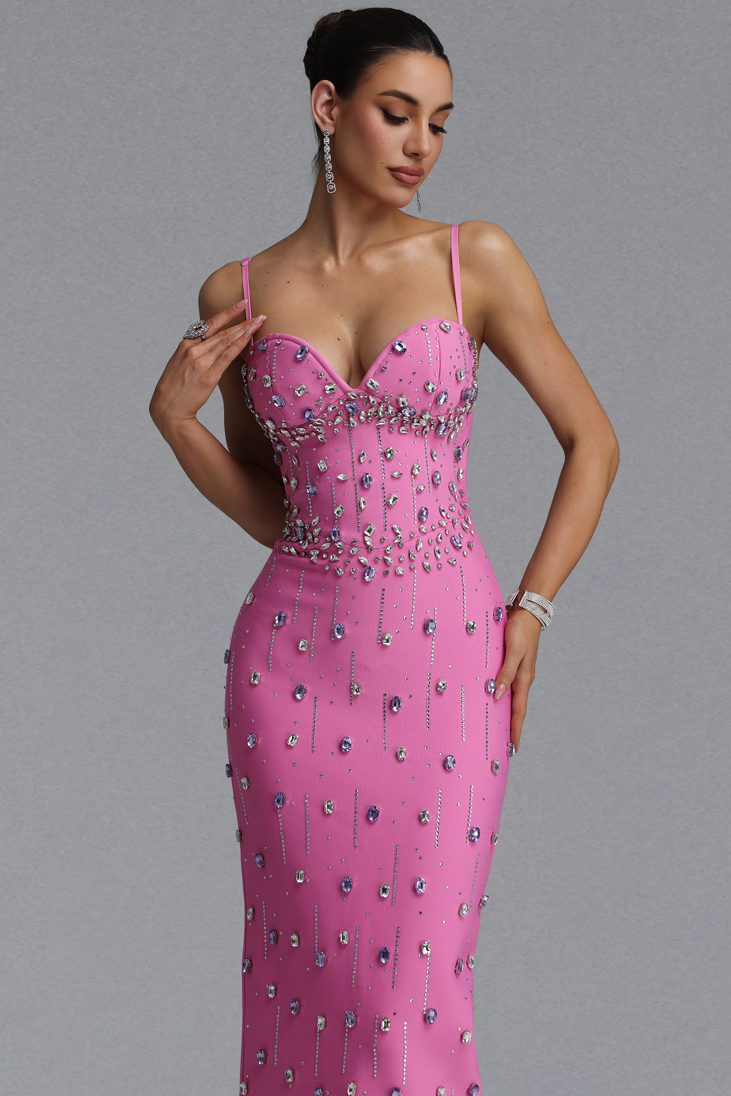 Solvia Gorgeous Shaping Rhinestone Decor Pink Bandage Maxi Evening Dress