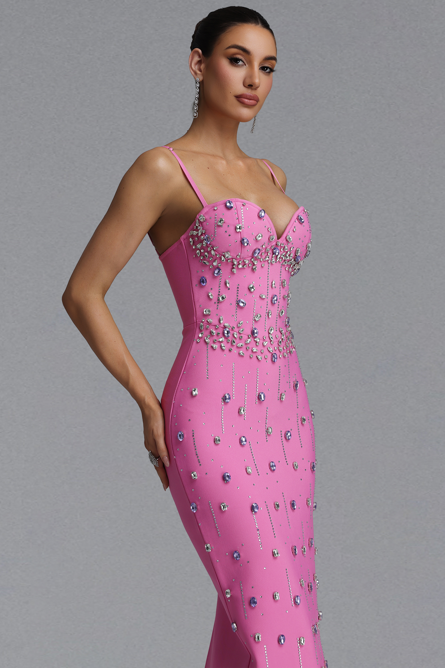 Solvia Gorgeous Shaping Rhinestone Decor Pink Bandage Maxi Evening Dress