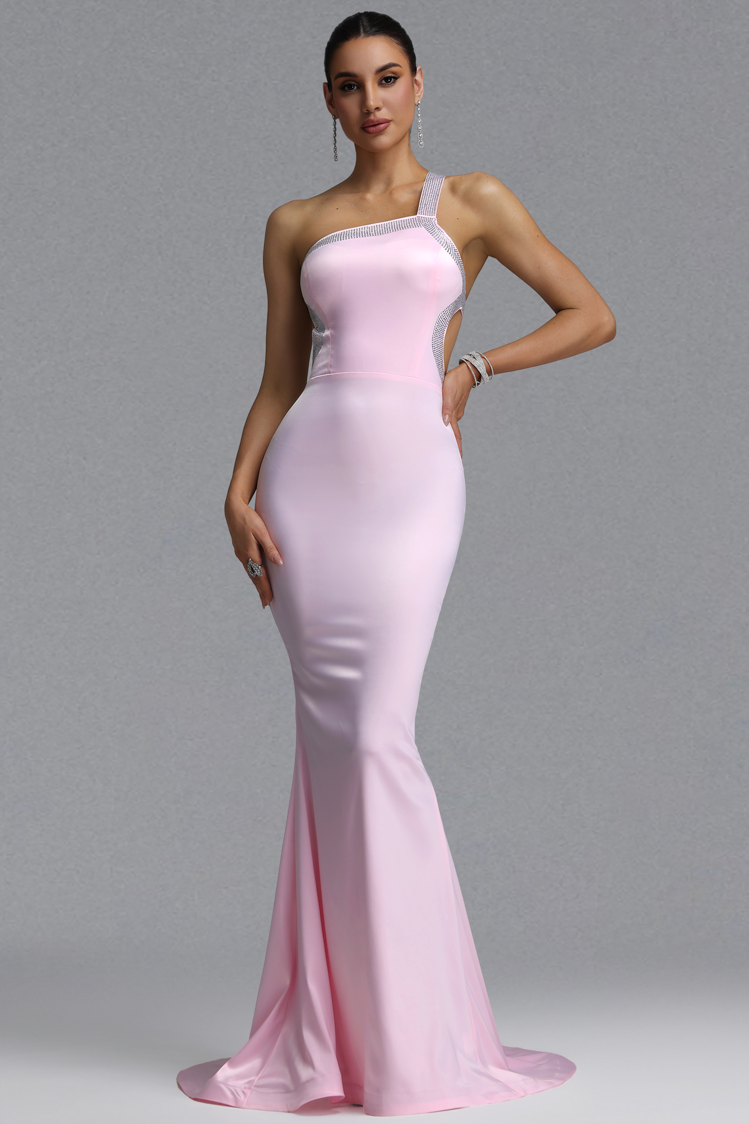 Dido Elegant Waist-Cinching Asymmetrical Thin Strap Rhinestone Trim Backless Satin Mermaid Train Maxi Evening Dress