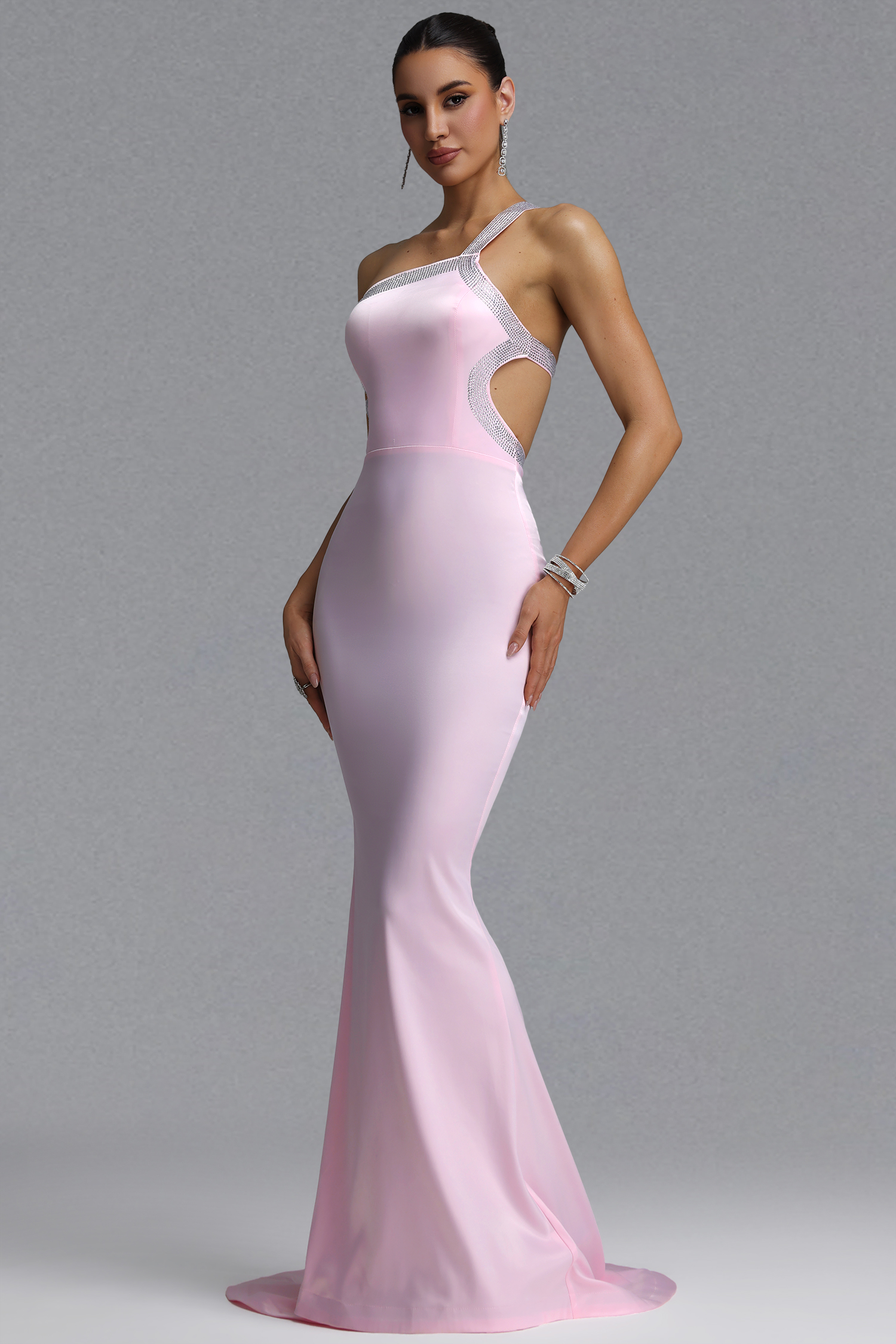 Dido Elegant Waist-Cinching Asymmetrical Thin Strap Rhinestone Trim Backless Satin Mermaid Train Maxi Evening Dress