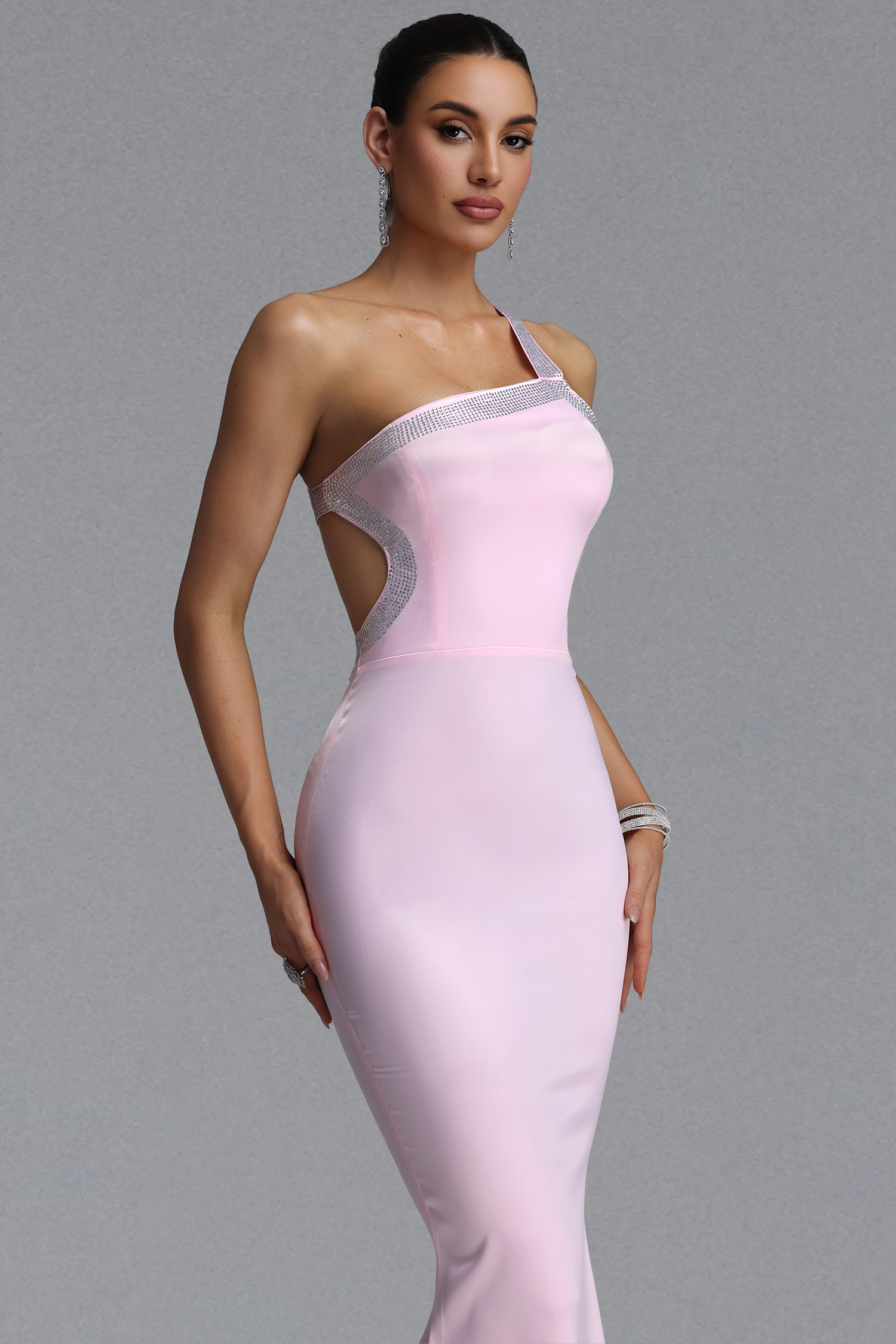 Dido Elegant Waist-Cinching Asymmetrical Thin Strap Rhinestone Trim Backless Satin Mermaid Train Maxi Evening Dress