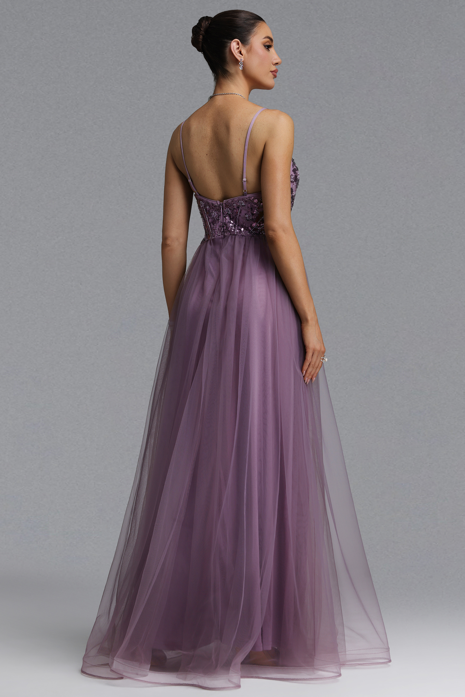Giela Elegant Slim Deep V Sequin Sheer Mesh Maxi Evening Dress