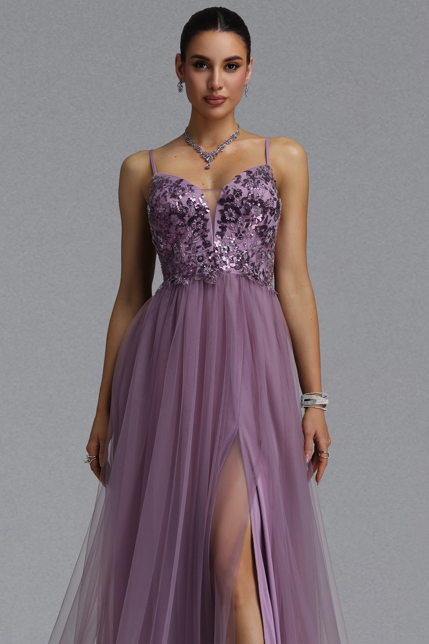 Giela Elegant Slim Deep V Sequin Sheer Mesh Maxi Evening Dress