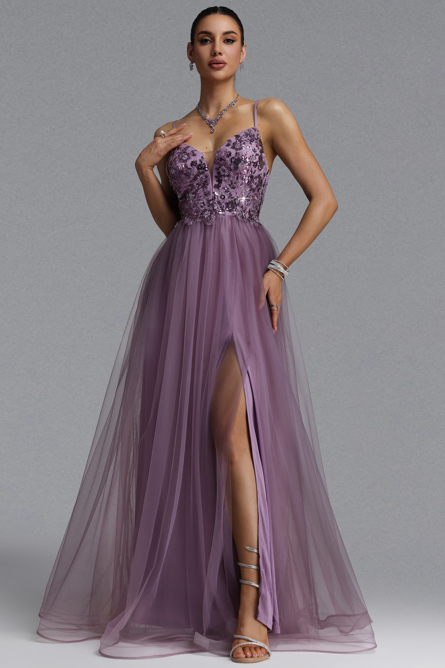 Giela Elegant Slim Deep V Sequin Sheer Mesh Maxi Evening Dress