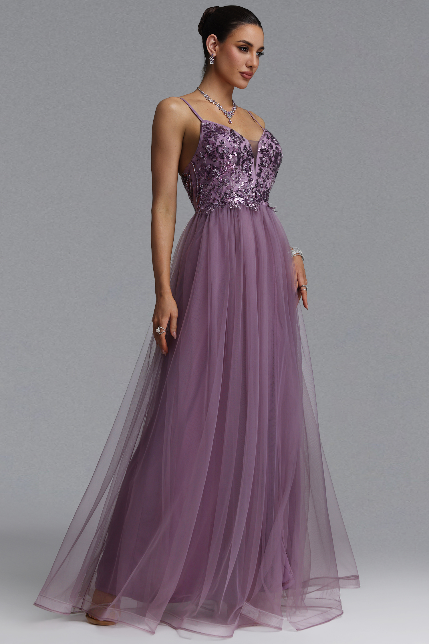 Giela Elegant Slim Deep V Sequin Sheer Mesh Maxi Evening Dress