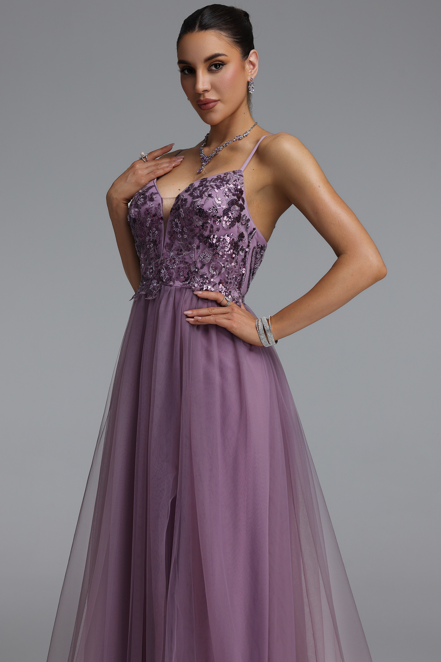 Giela Elegant Slim Deep V Sequin Sheer Mesh Maxi Evening Dress