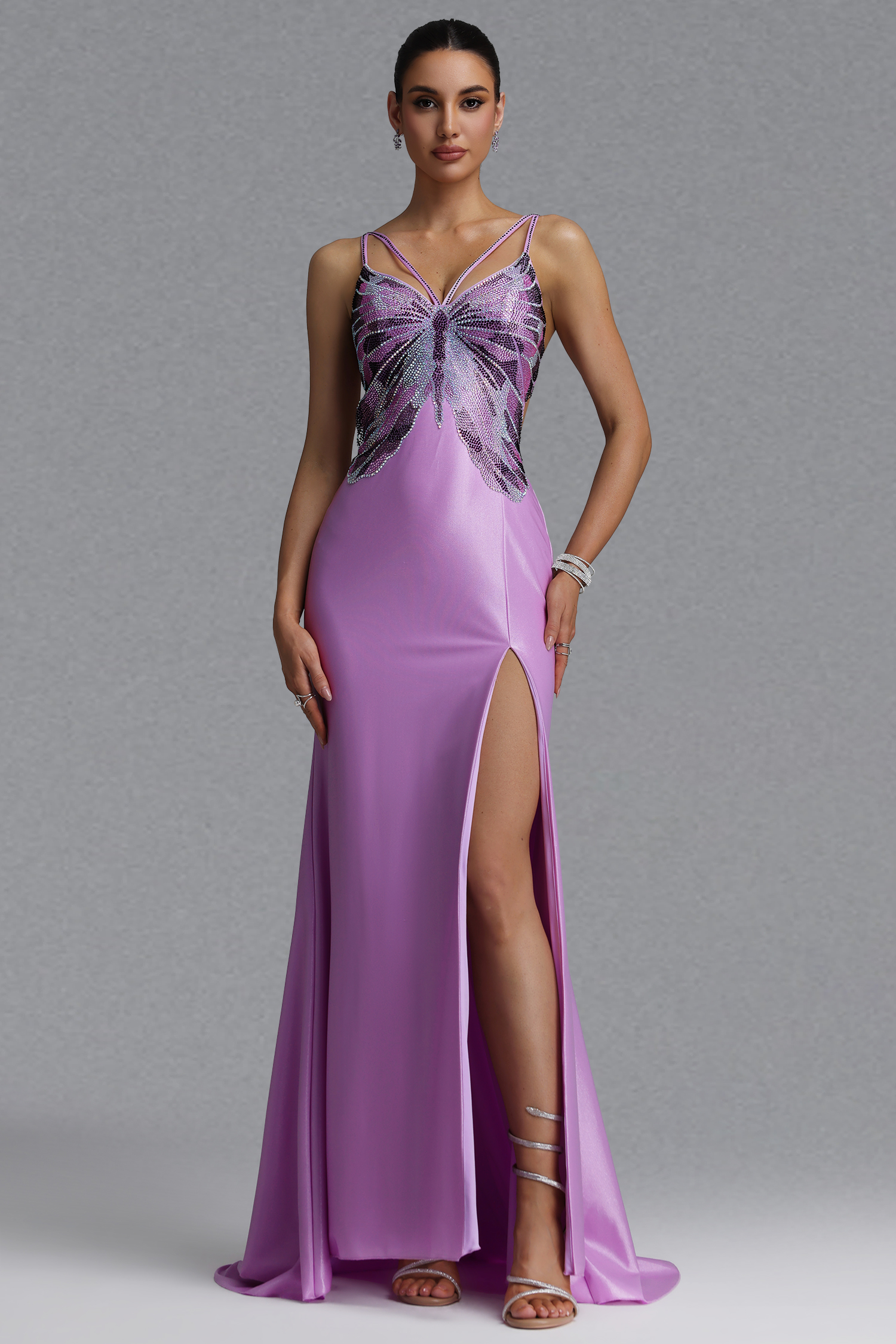 Sagona Romantic Slim Crystal Butterfly Maxi Evening Dress