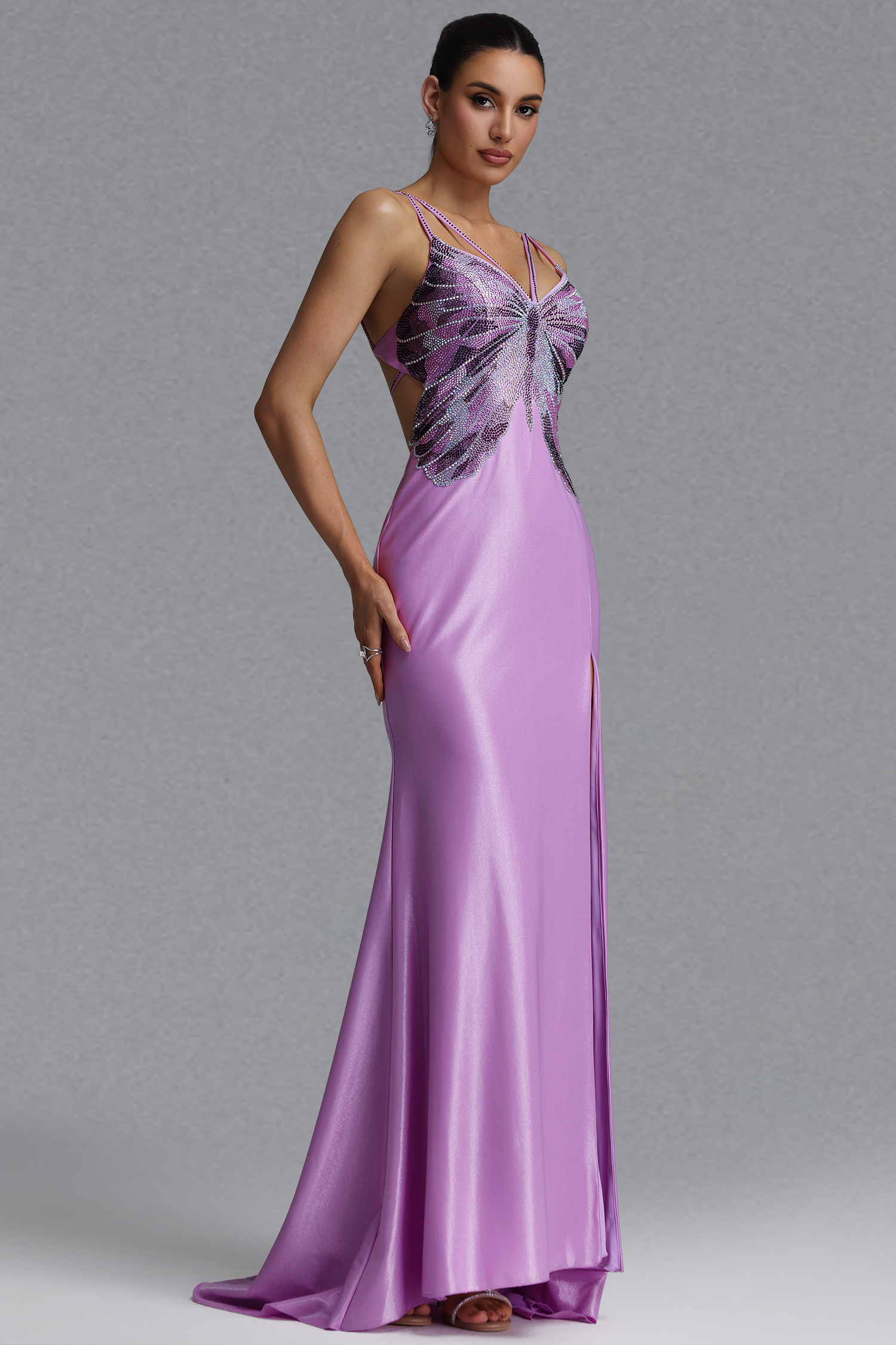 Sagona Romantic Slim Crystal Butterfly Maxi Evening Dress
