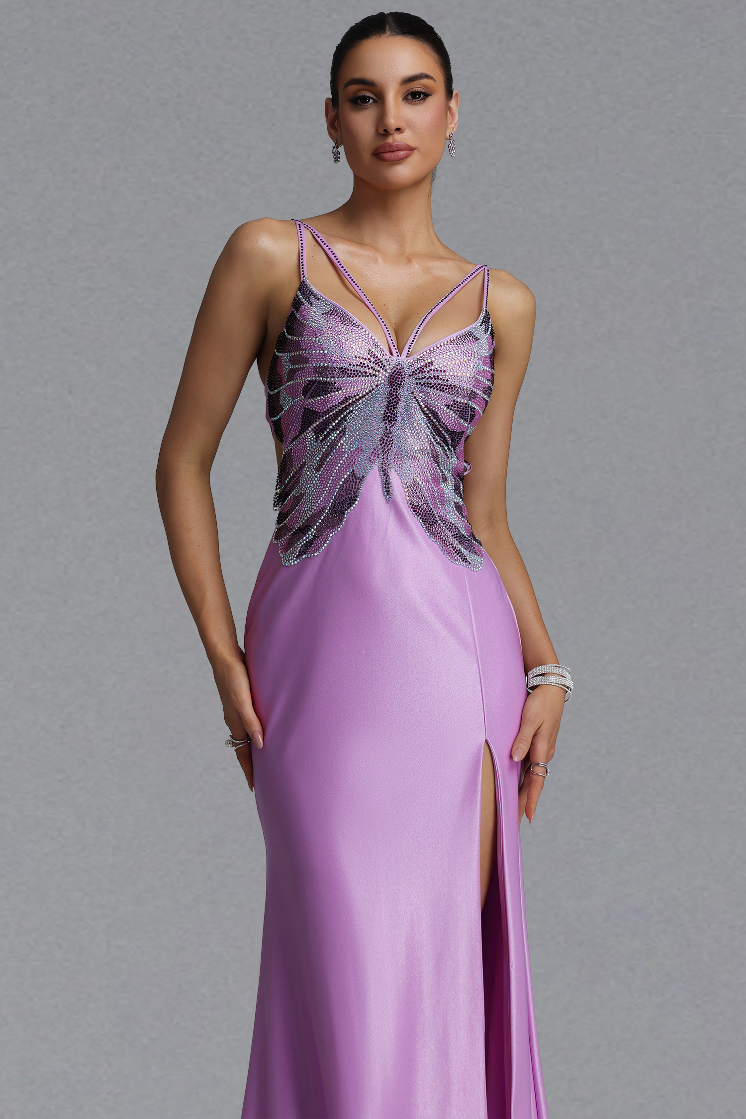 Sagona Romantic Slim Crystal Butterfly Maxi Evening Dress