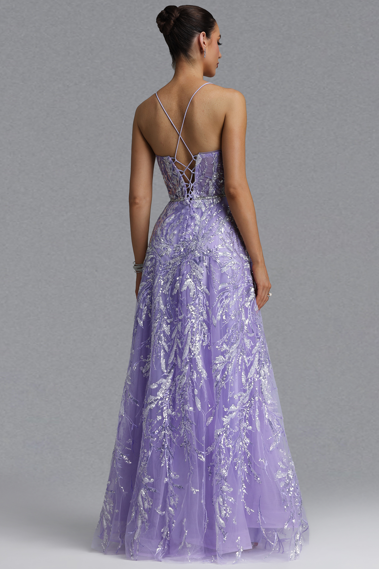 Saga Elegant Waist-Cinching Thin Strap Sequin Embroidery Mesh Full A-Line Maxi Evening Dress