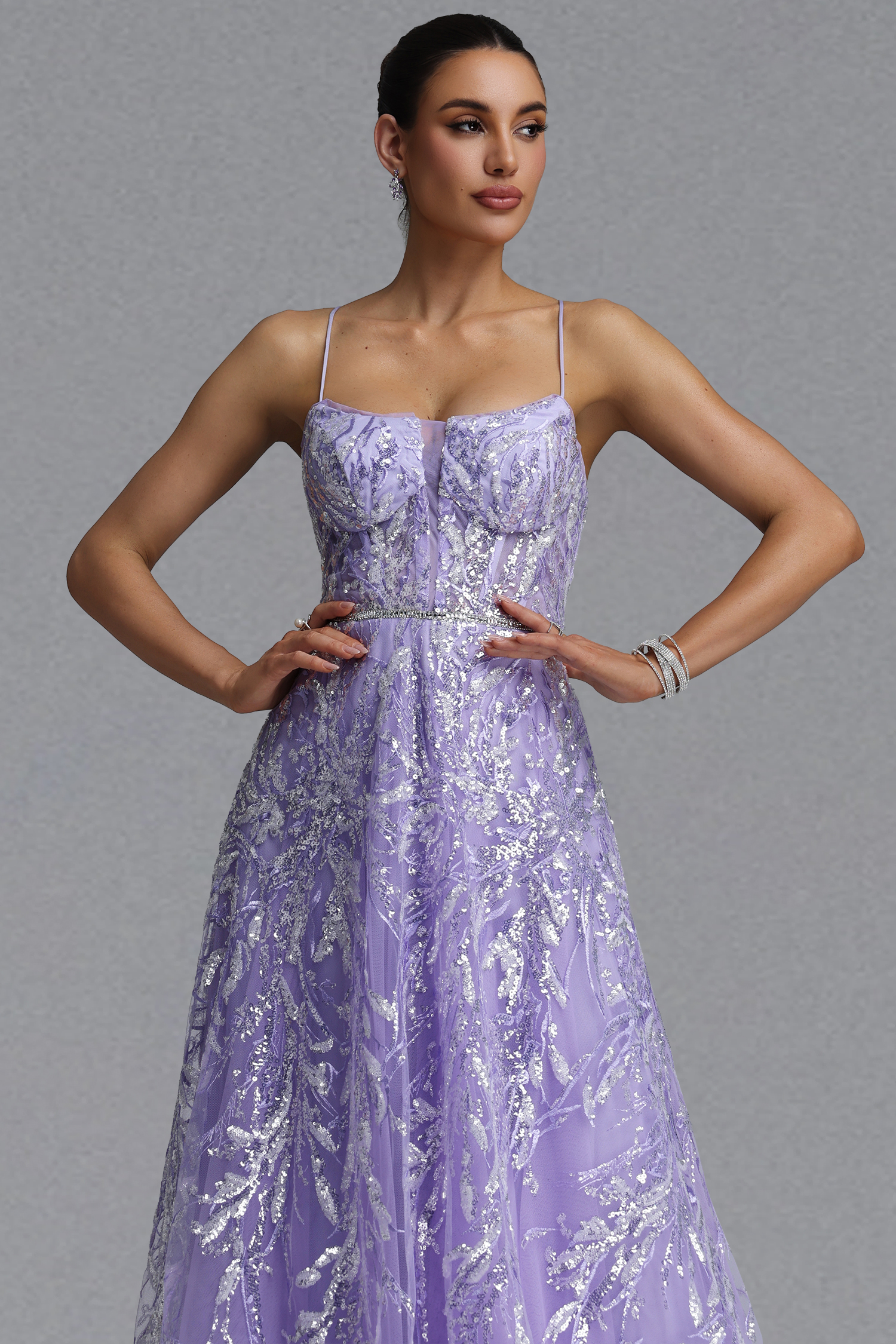 Saga Elegant Waist-Cinching Thin Strap Sequin Embroidery Mesh Full A-Line Maxi Evening Dress