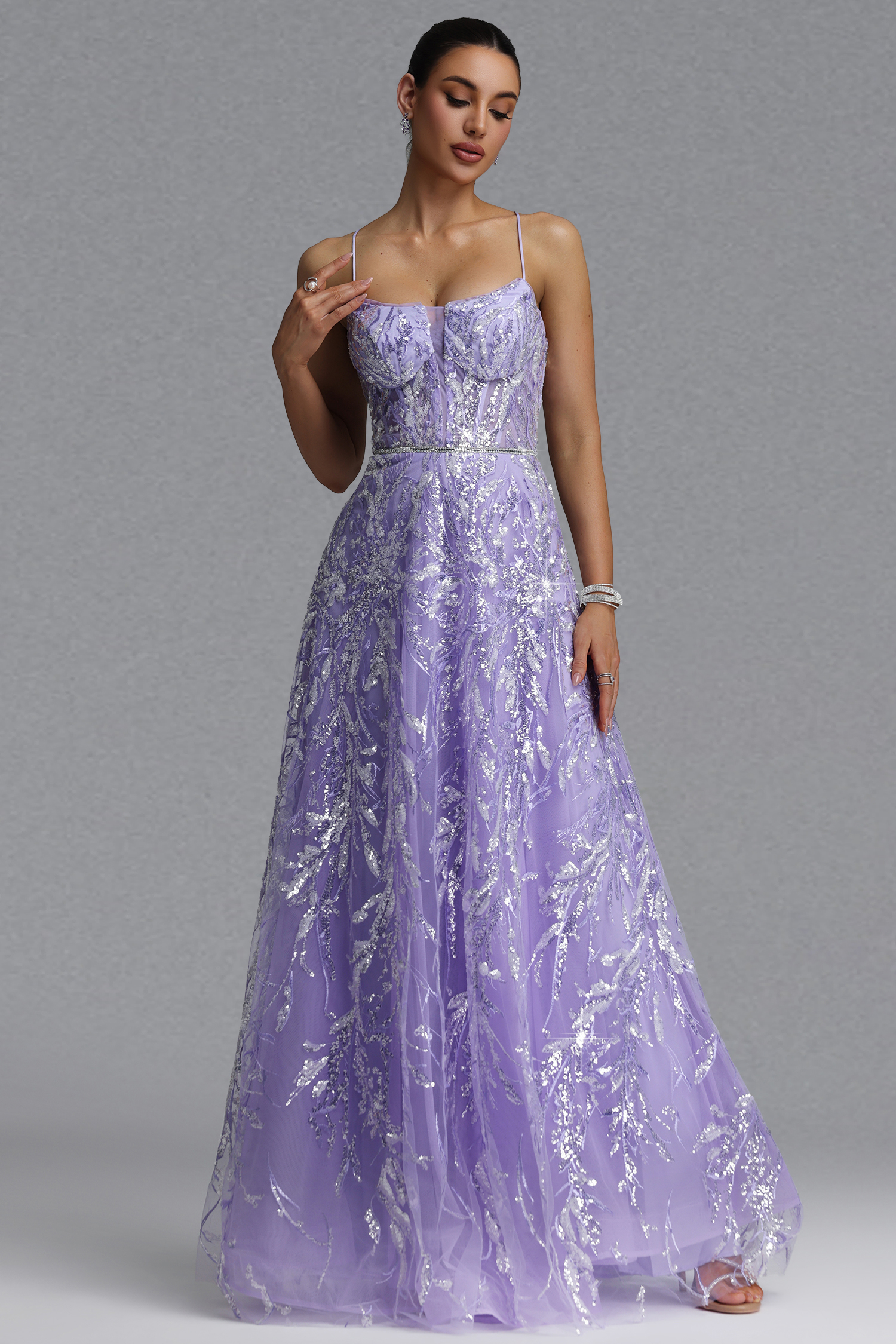 Saga Elegant Waist-Cinching Thin Strap Sequin Embroidery Mesh Full A-Line Maxi Evening Dress