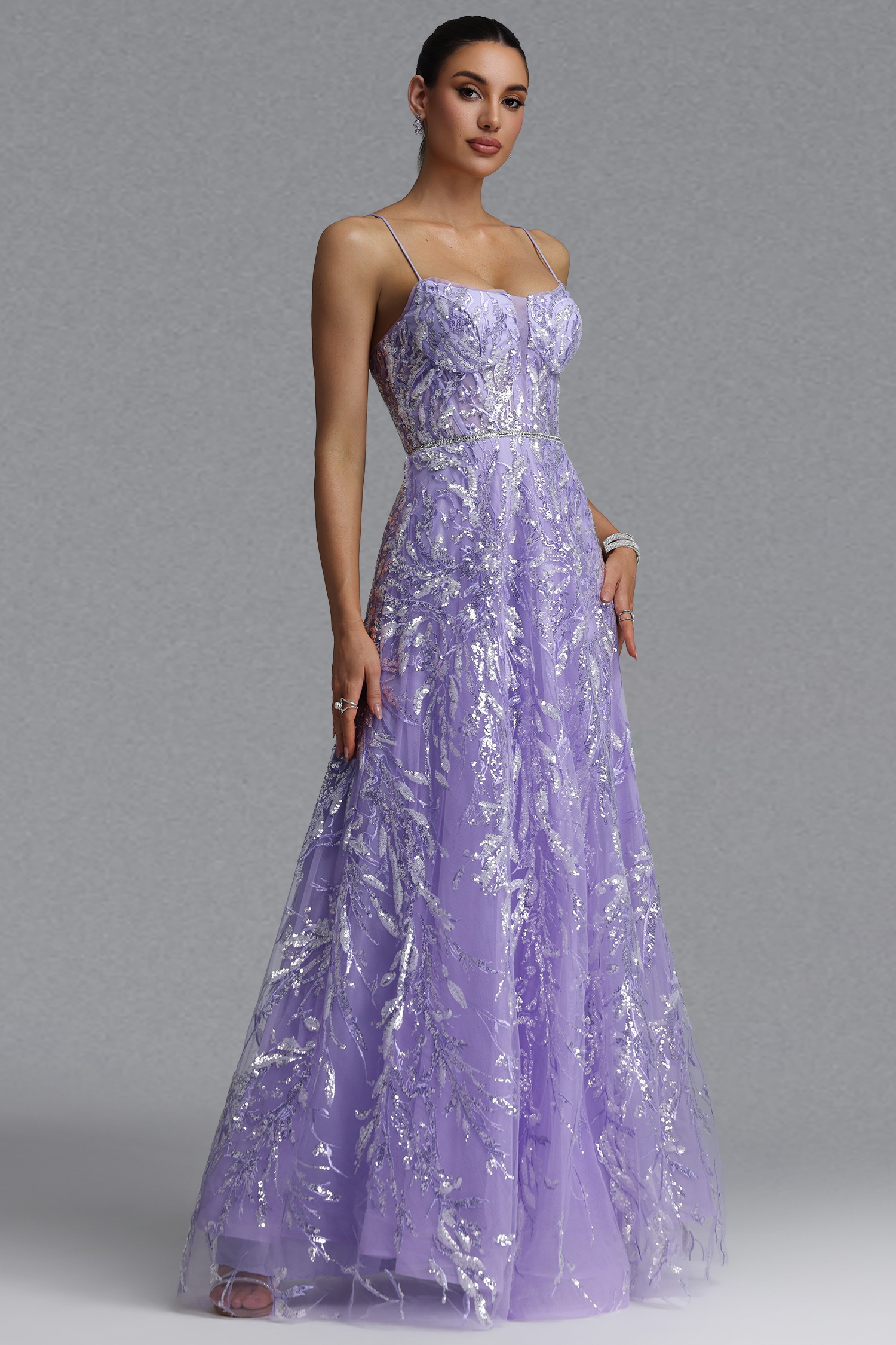 Saga Elegant Waist-Cinching Thin Strap Sequin Embroidery Mesh Full A-Line Maxi Evening Dress