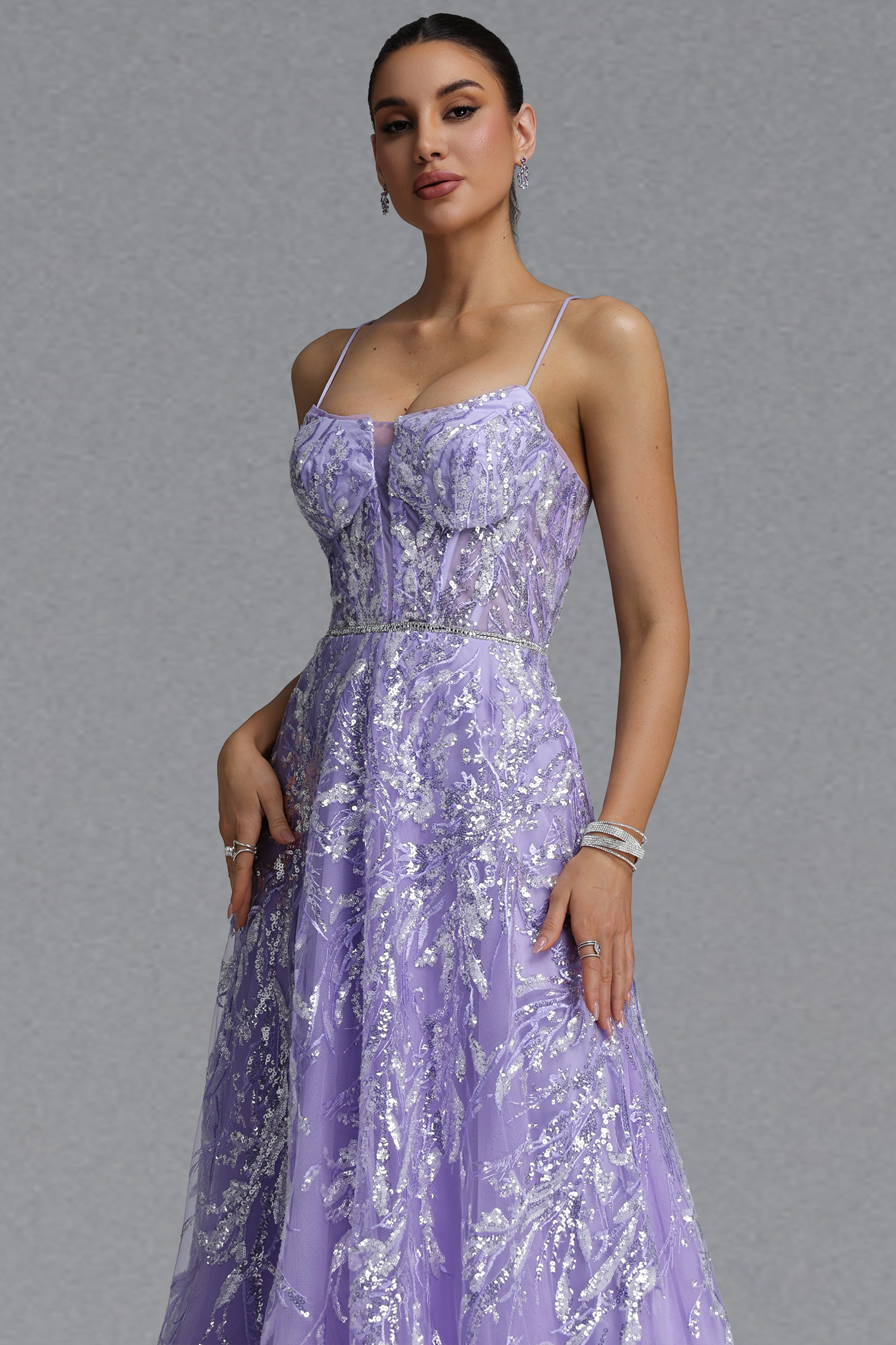Saga Elegant Waist-Cinching Thin Strap Sequin Embroidery Mesh Full A-Line Maxi Evening Dress