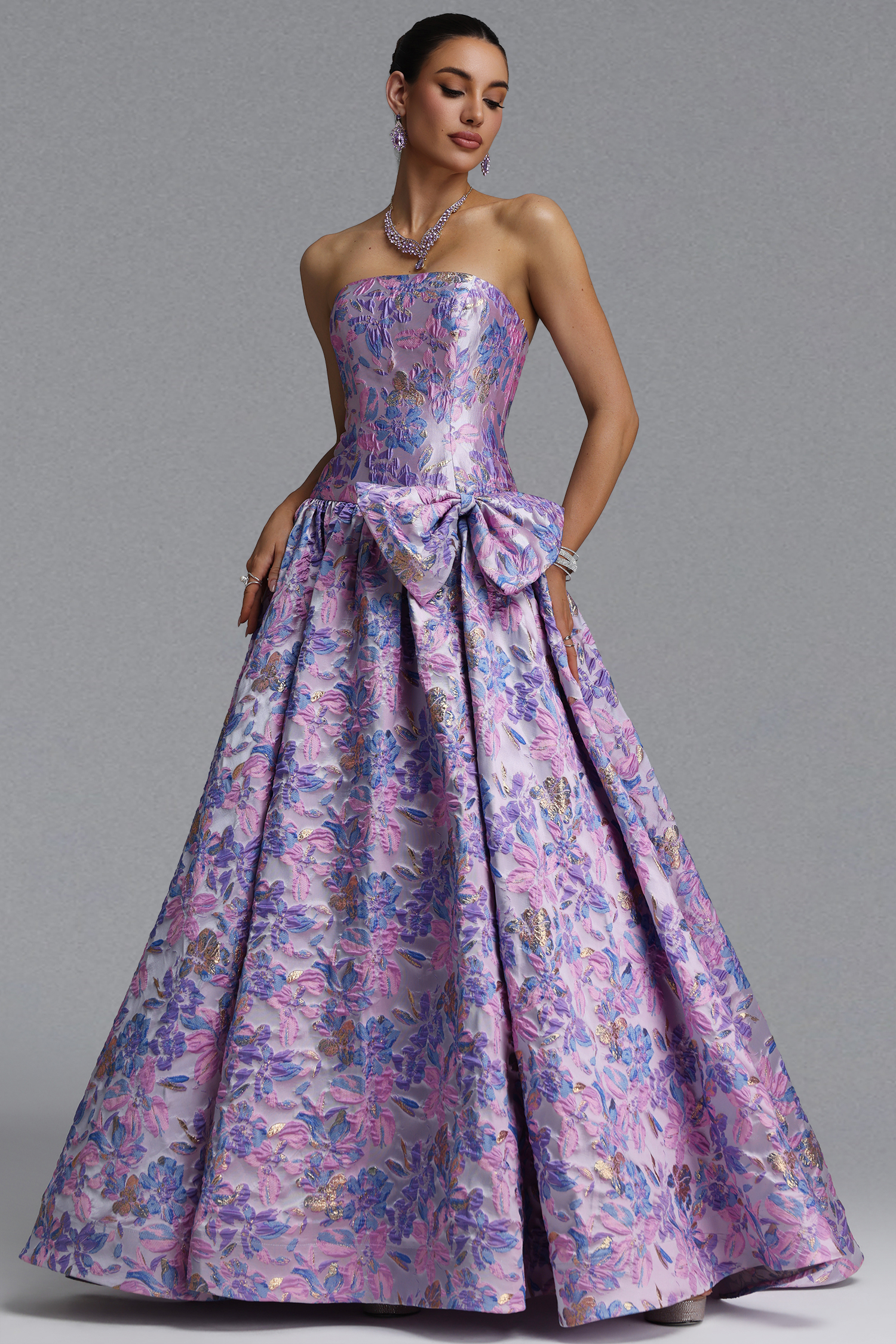 Jacey Elegant Waist-Cinching Strapless Jacquard Satin Bow A-Line Maxi Evening Dress