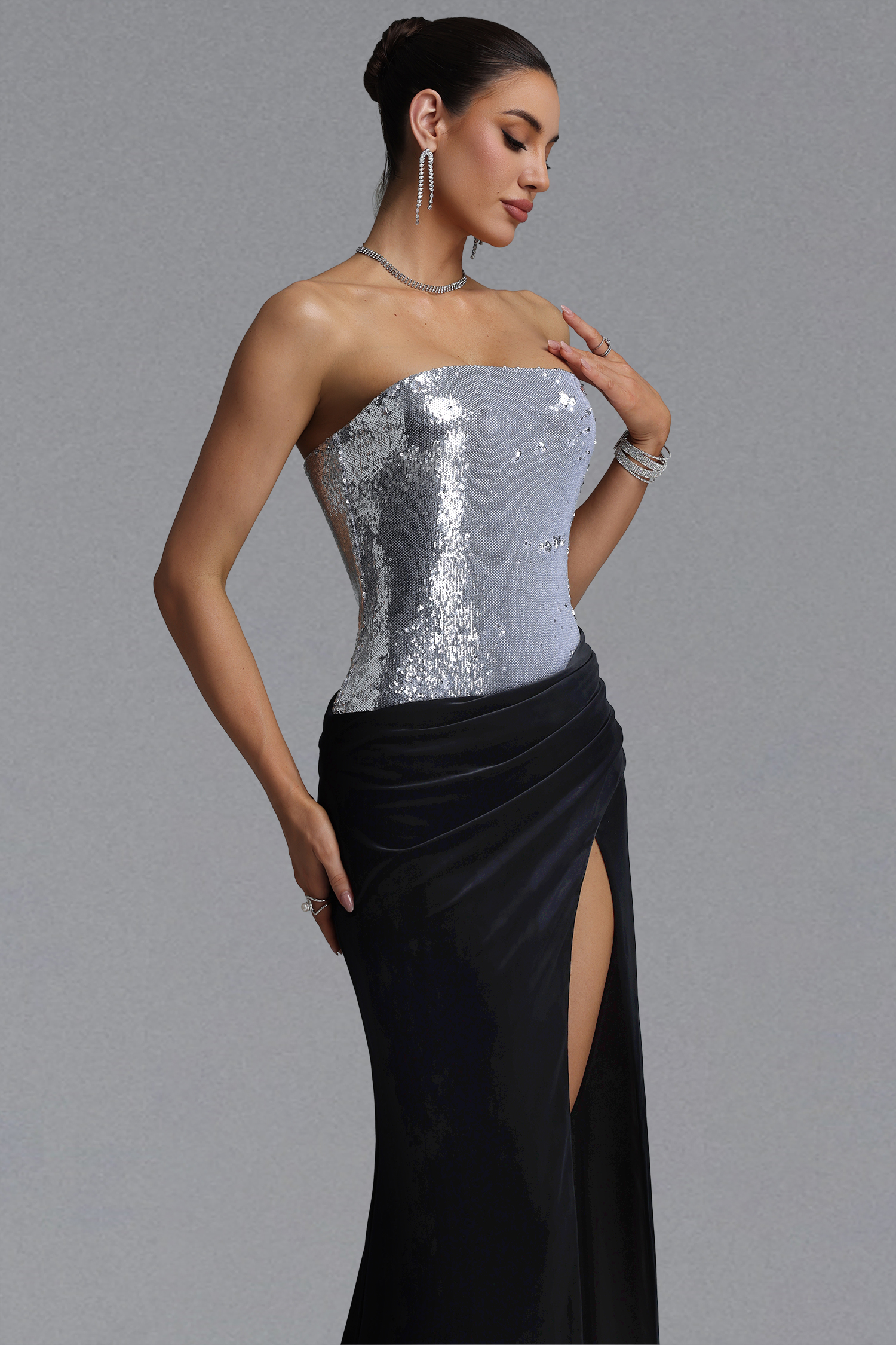 Paulina Light Luxury Waist-Cinching Color Block Strapless Sequin Ruched Velvet High Slit Mermaid Maxi Evening Dress